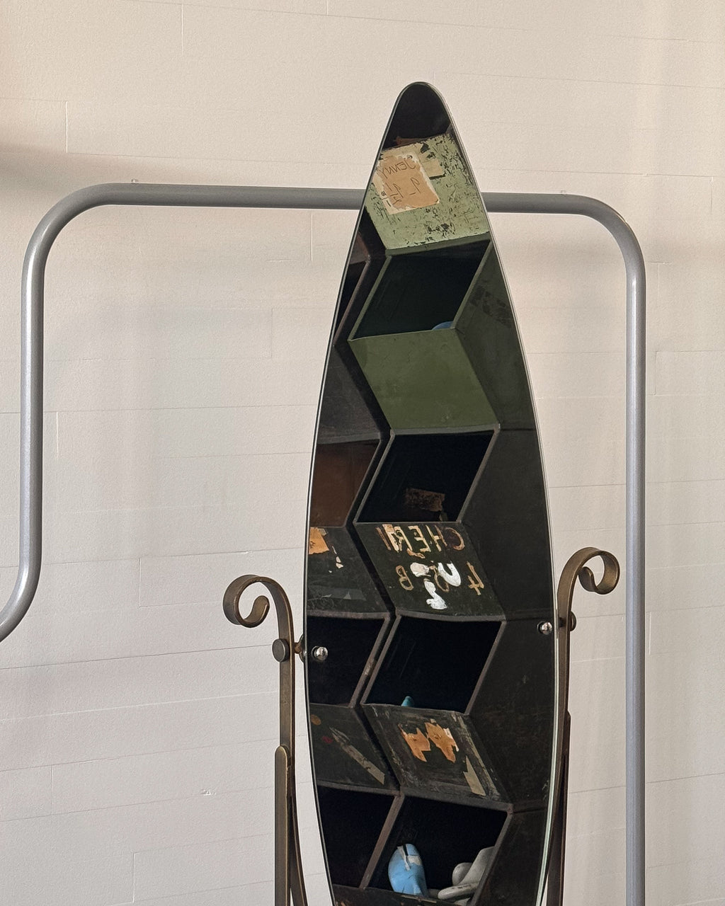 Full length swivel mirror on metal body with bronzed finish and spiral details