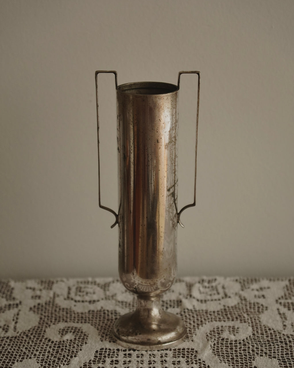 Art deco tall pewter vase with two handles, Made in Australia