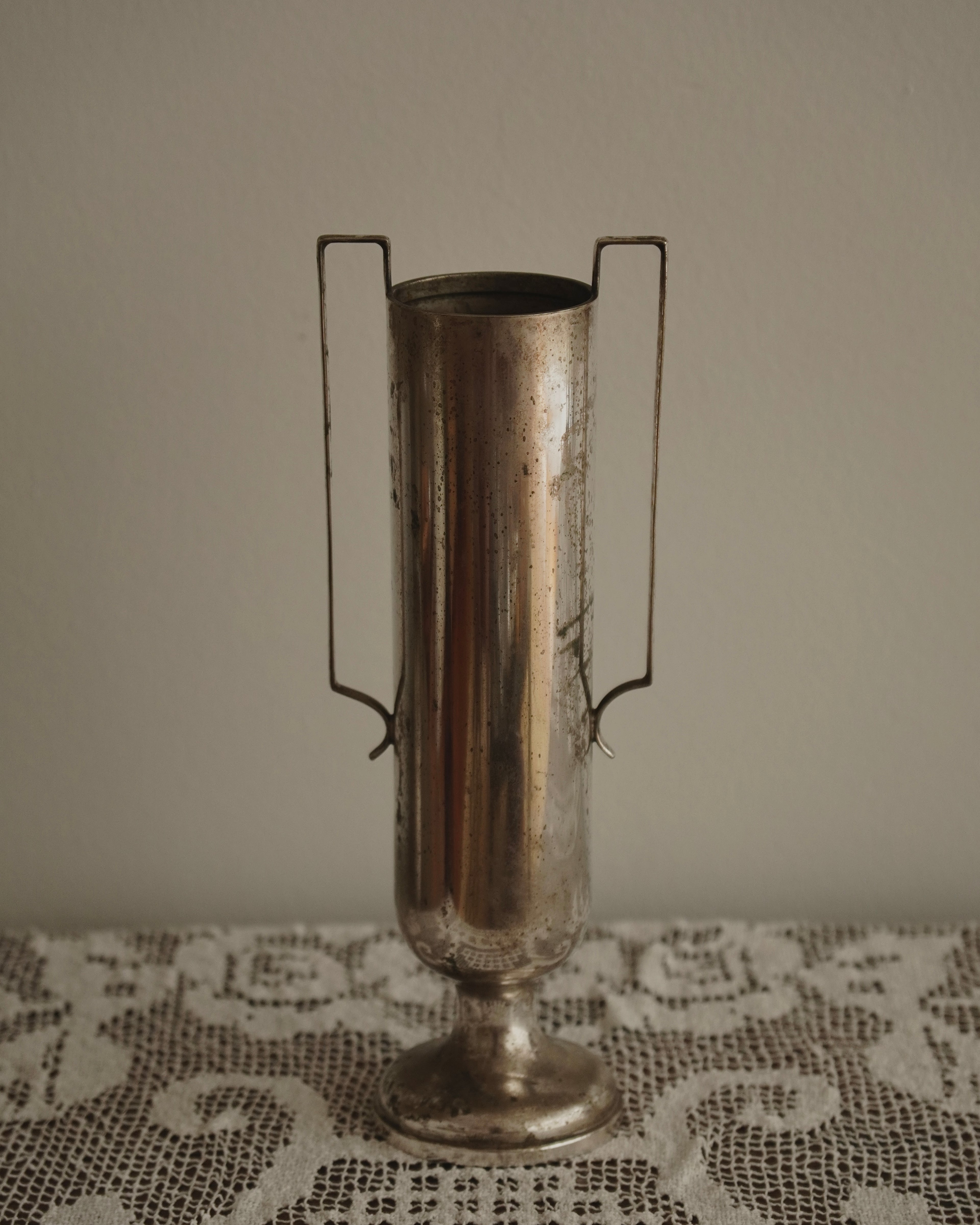 Art deco tall pewter vase with two handles, Made in Australia