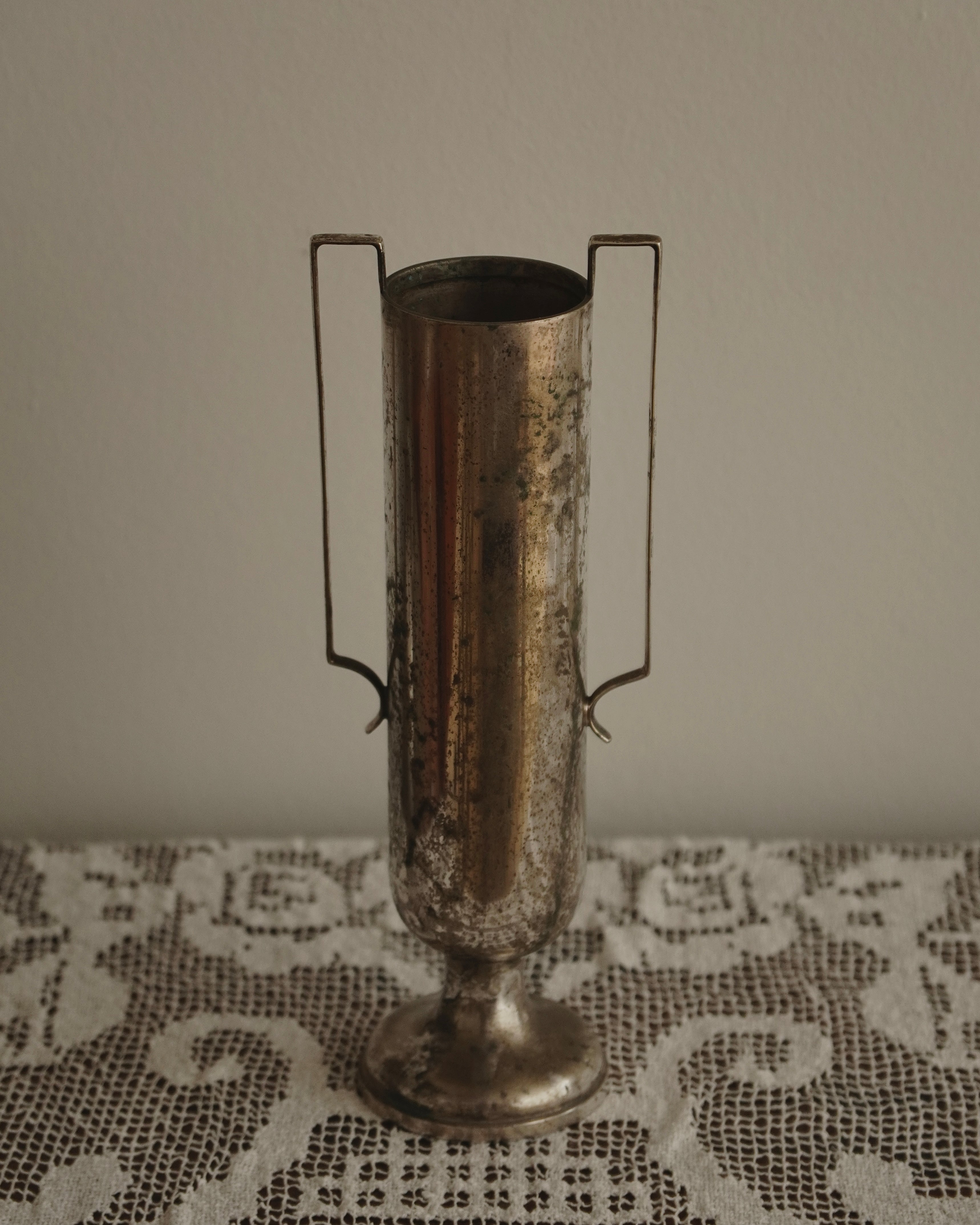 Art deco tall pewter vase with two handles, Made in Australia