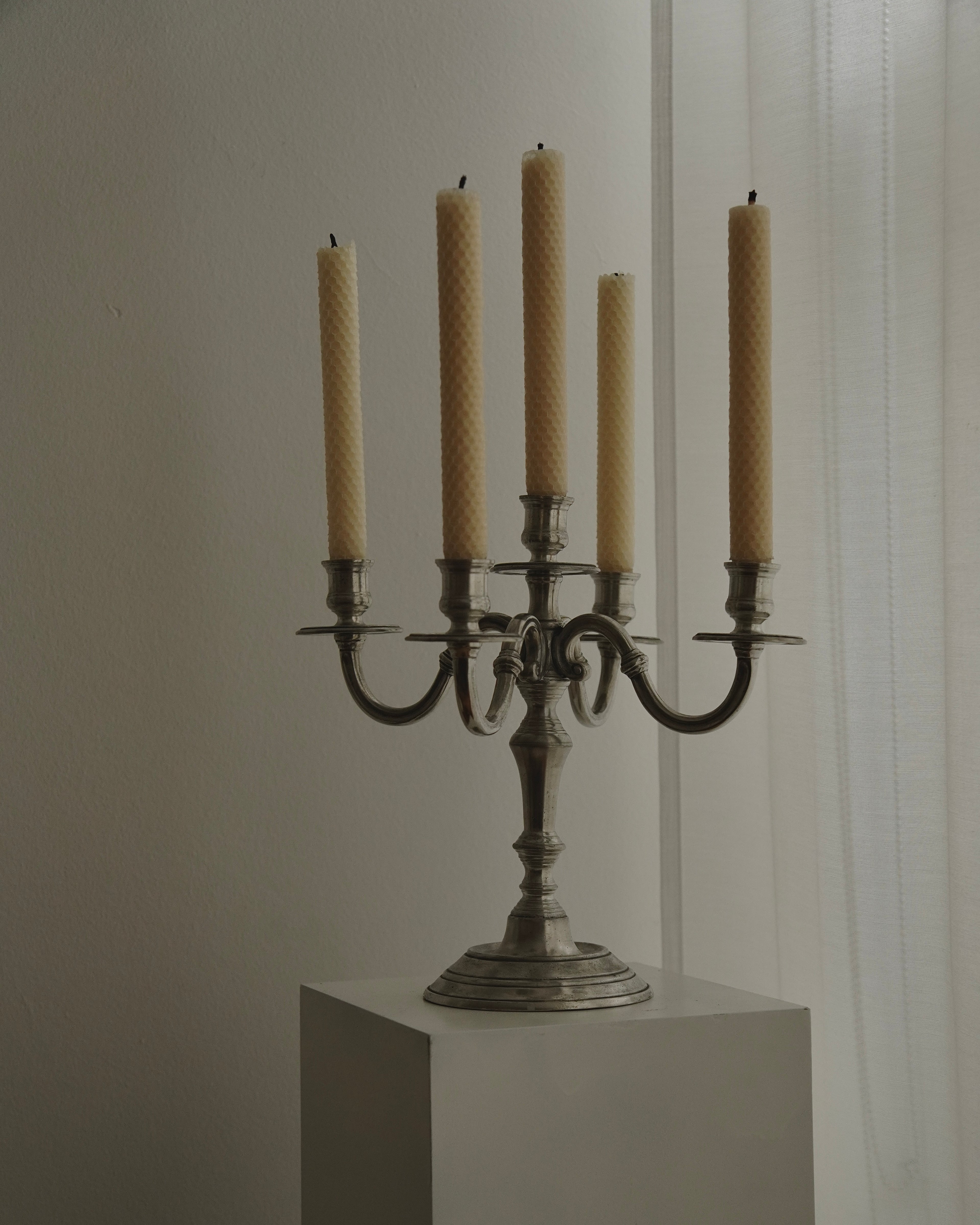 Pewter candelabra, holds 5
