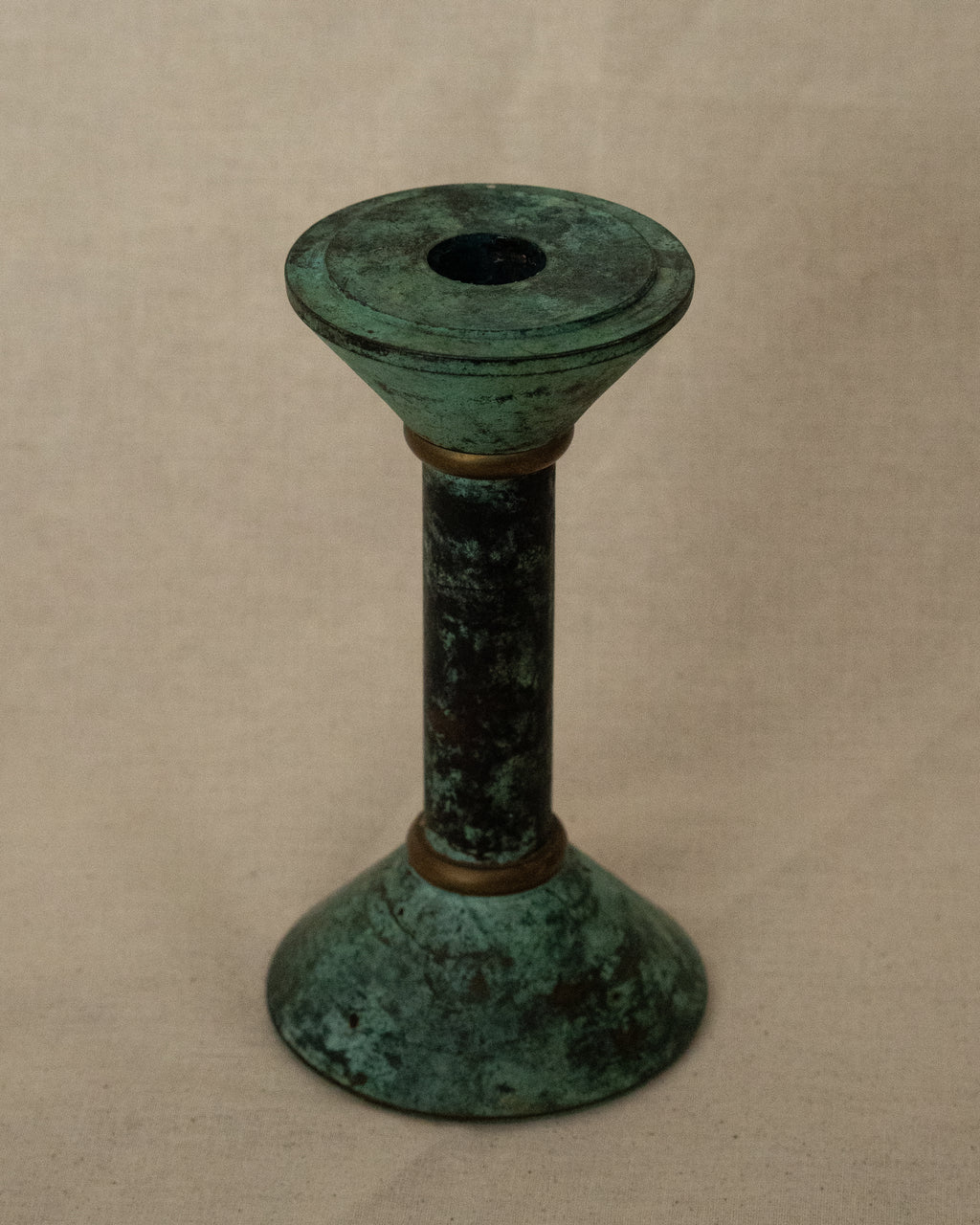 Verdigris brass single candle holder with gold accents