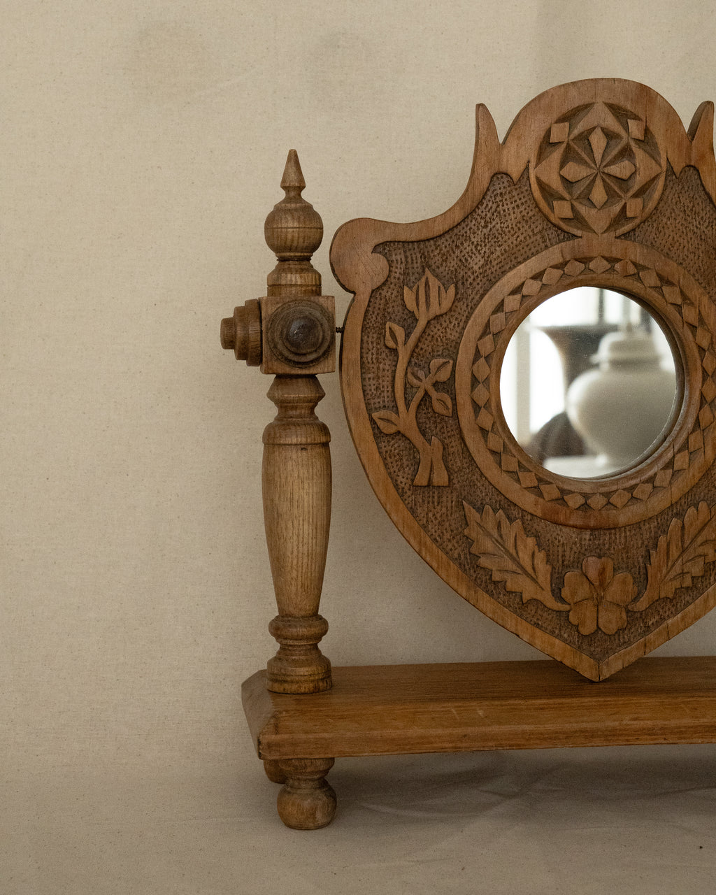 Chip carved wooden table top mirror