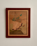 Framed wood stained marquetry artwork with burl