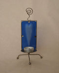 Heart shaped indent blue glass and metal tealight candle holder