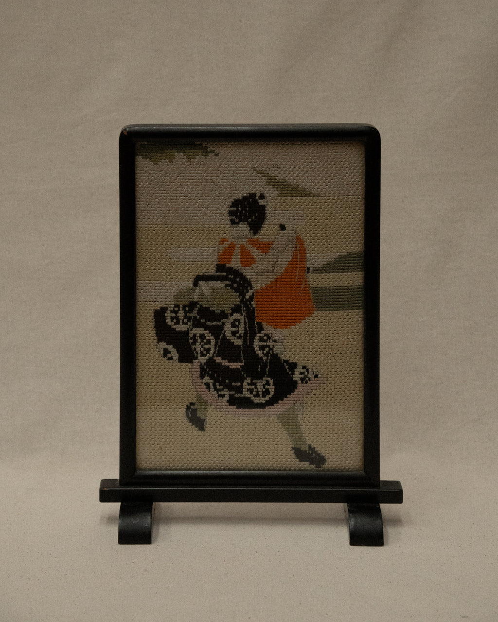 Japanese geisha embroidery artwork on wooden frame and stand