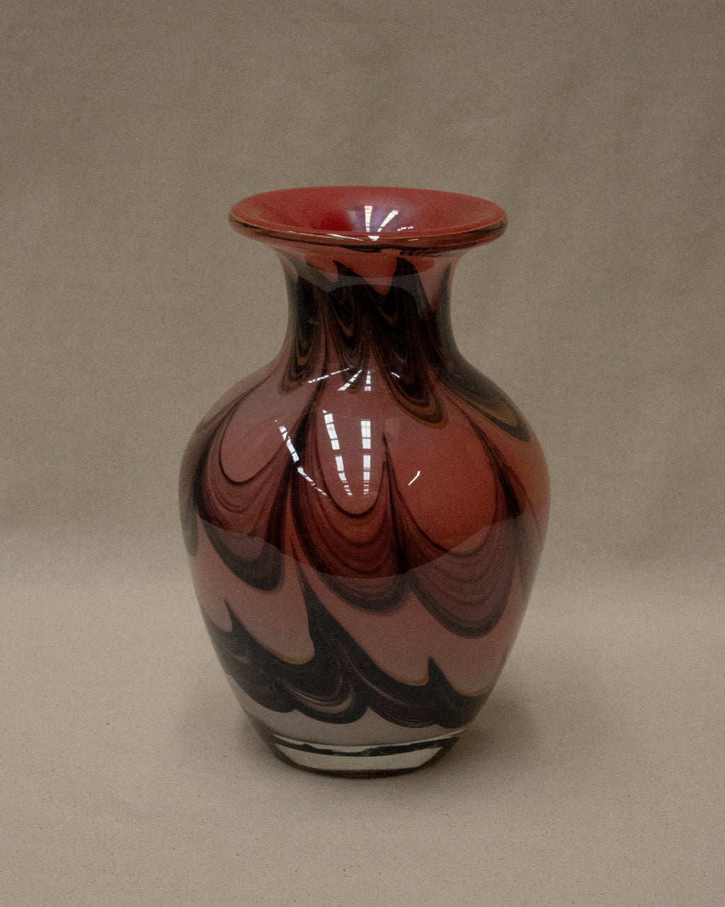 1960s pink art glass vase with black and yellow details