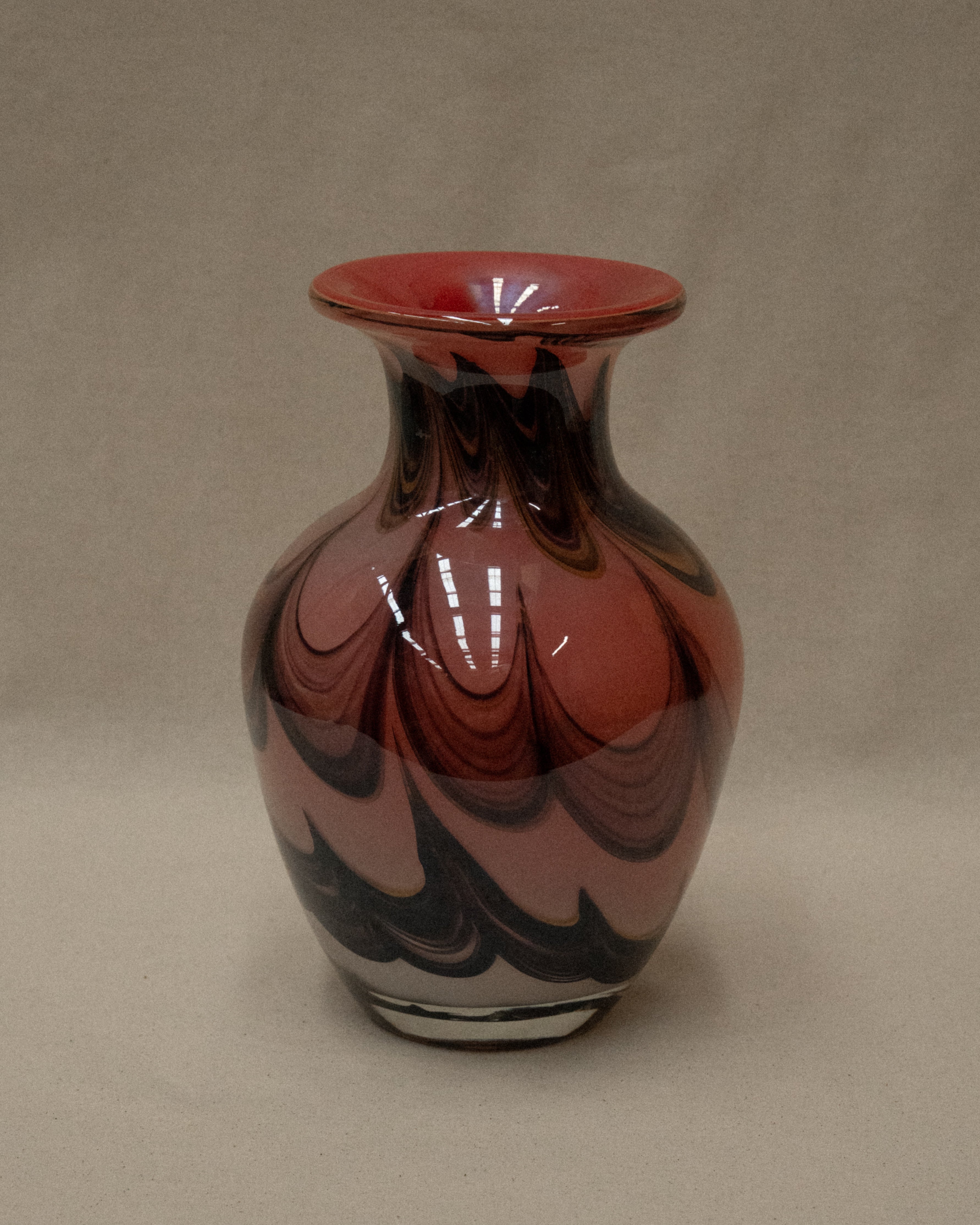 1960s pink art glass vase with black and yellow details
