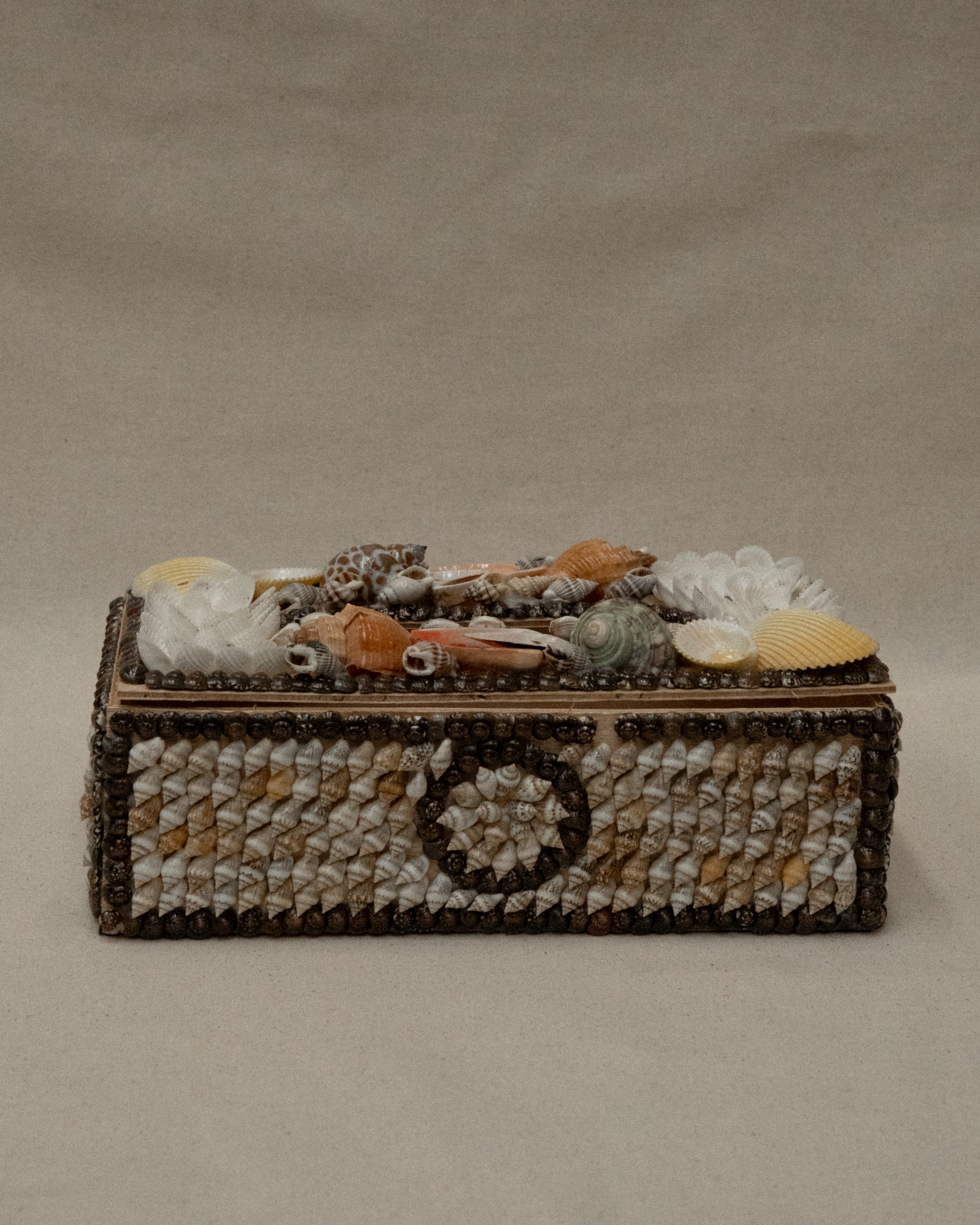 Tissue box adorned with shells