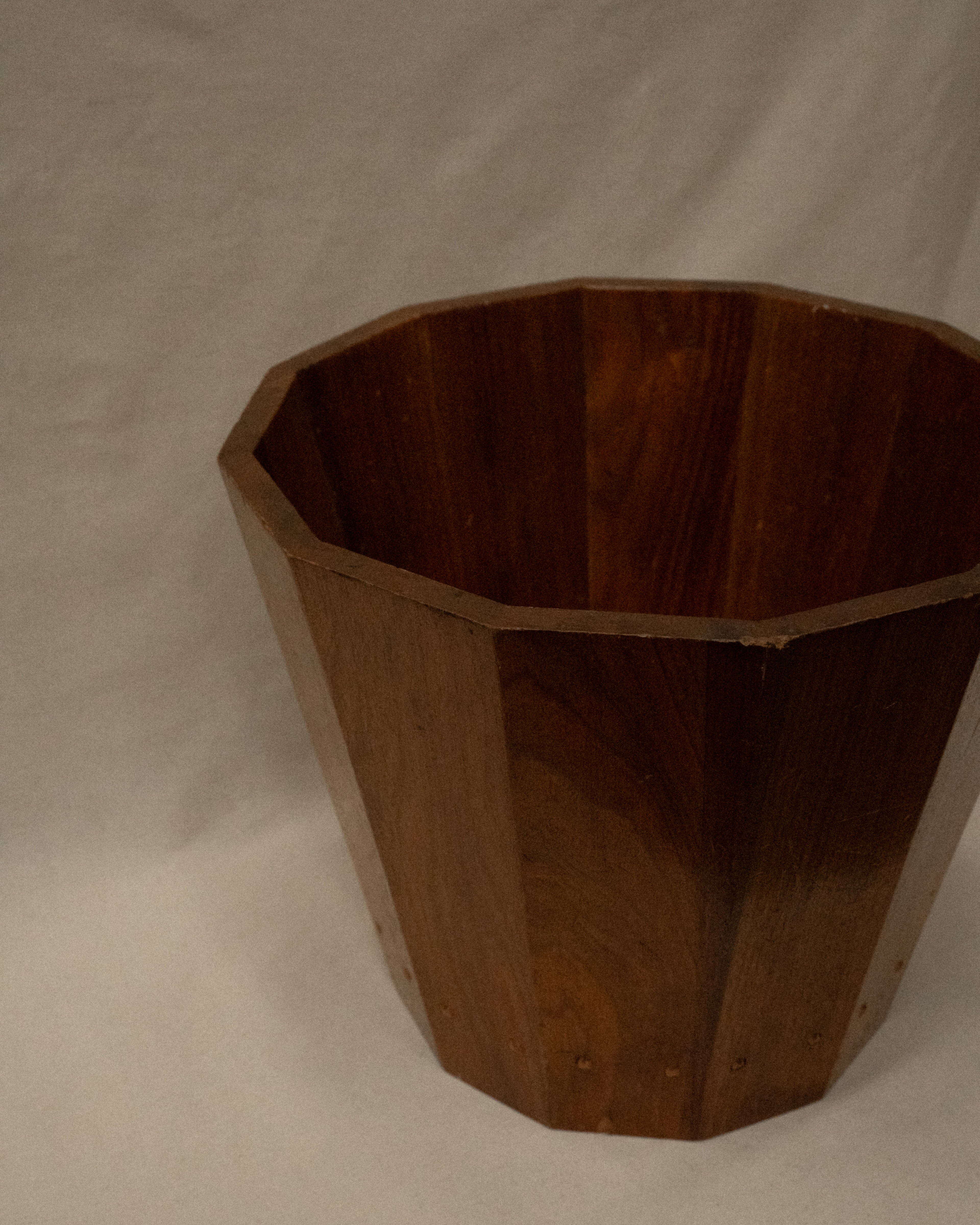 Wooden container bin with hammered copper nails