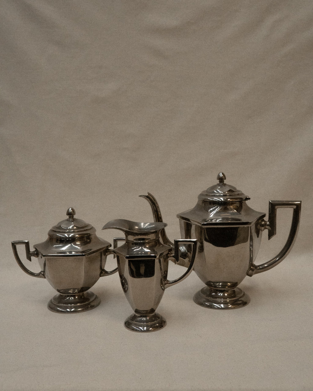 Set of chrome art deco set of coffee pot, sugar pot and milk jug