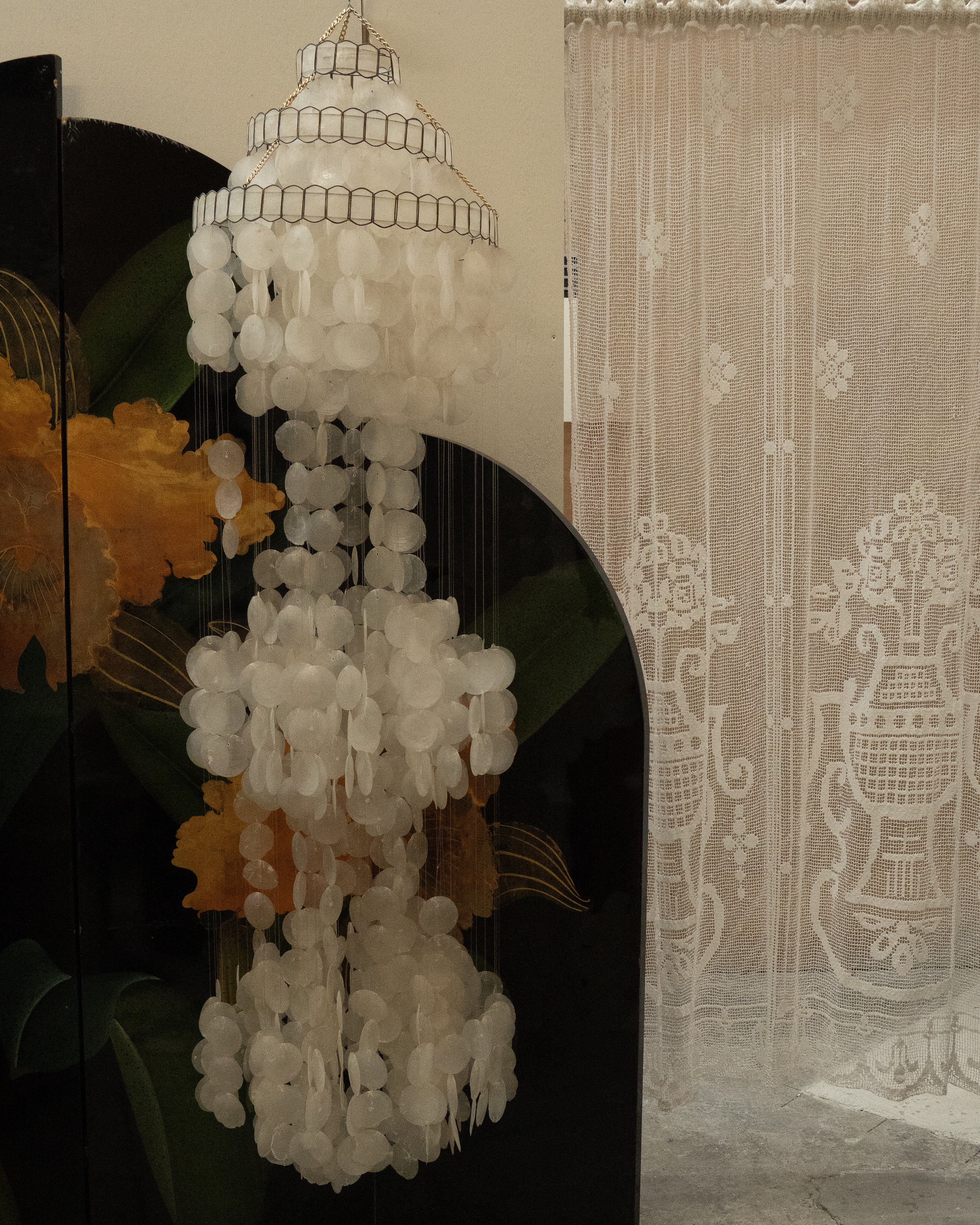 Capiz shell chandelier and wind chime