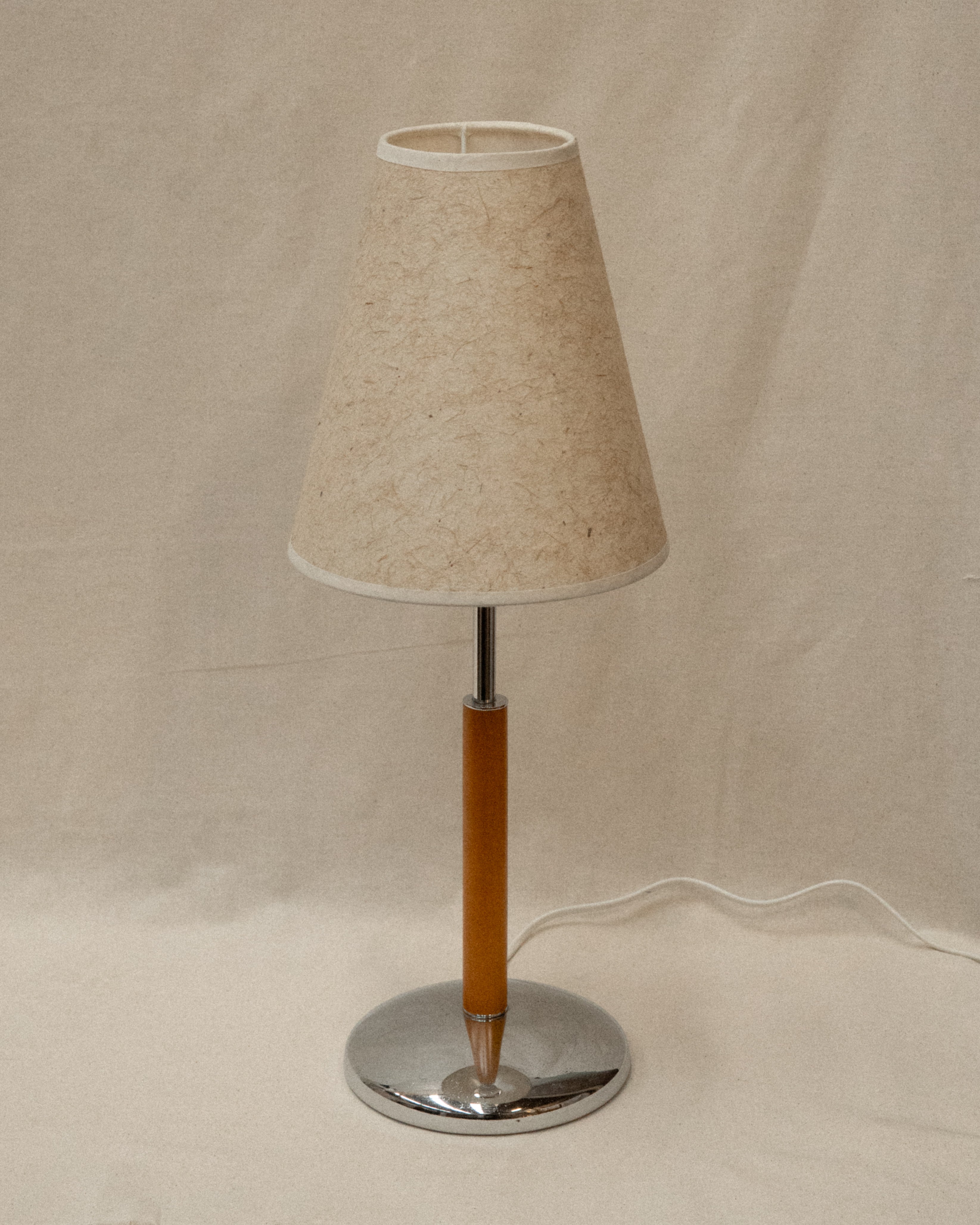 Mid century table lamp with rice paper lampshade and wooden chrome body
