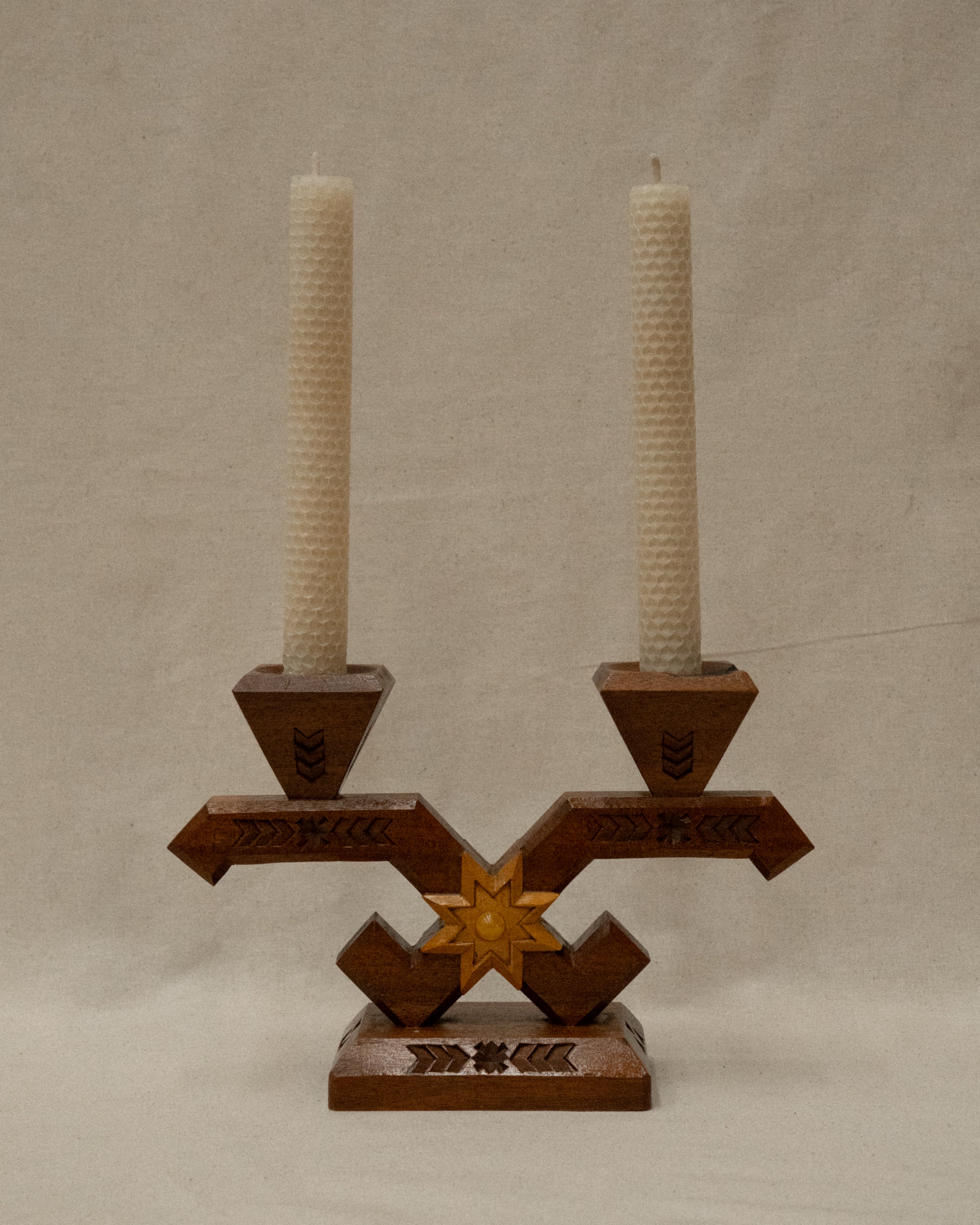 Swedish chip carve wooden candelabra