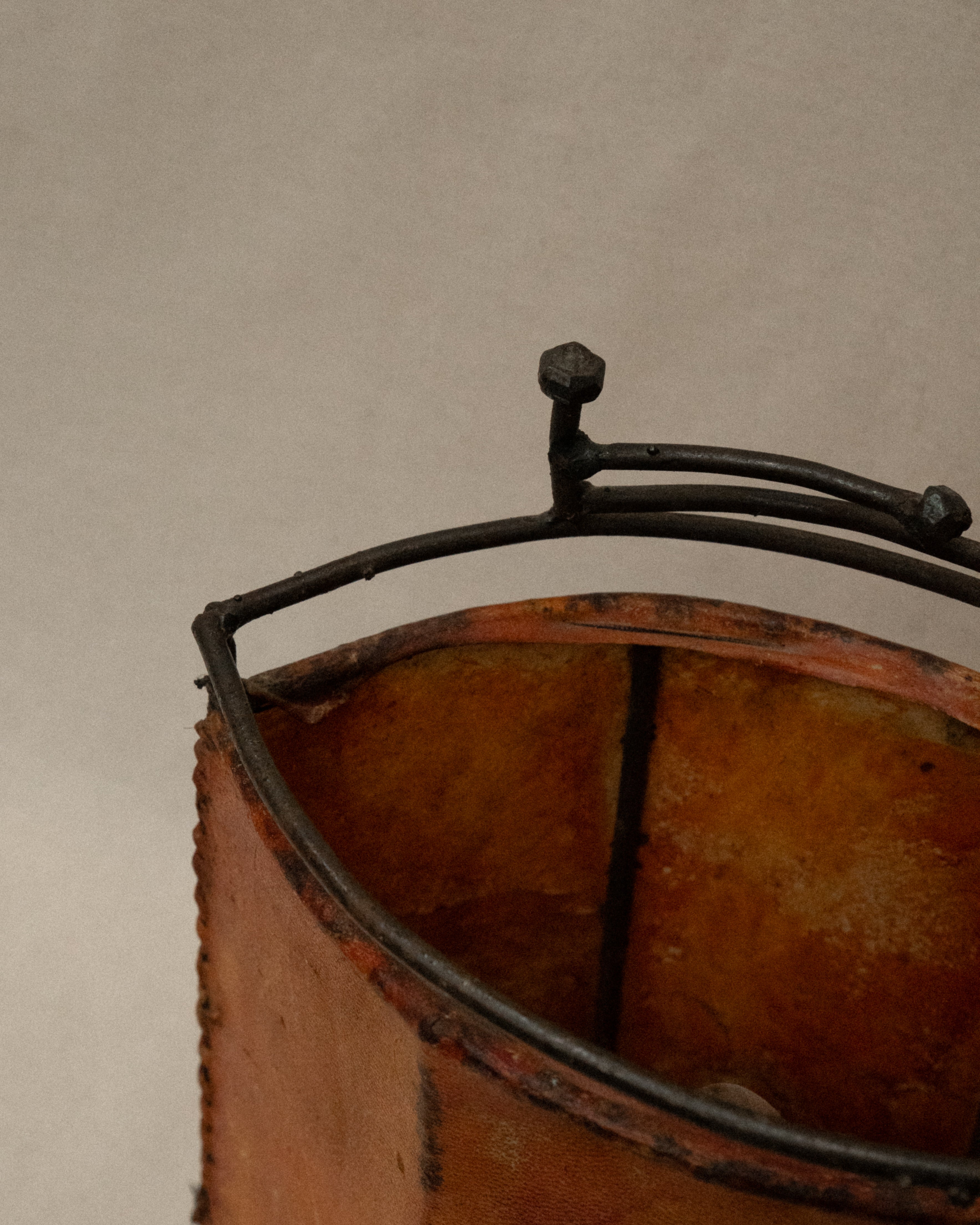 Wrought iron and stained goat hide lamp