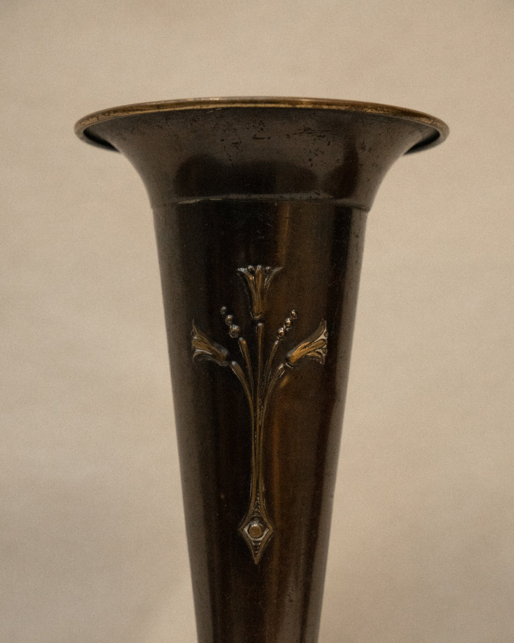 Pair of English Art Nouveau solid brass vases