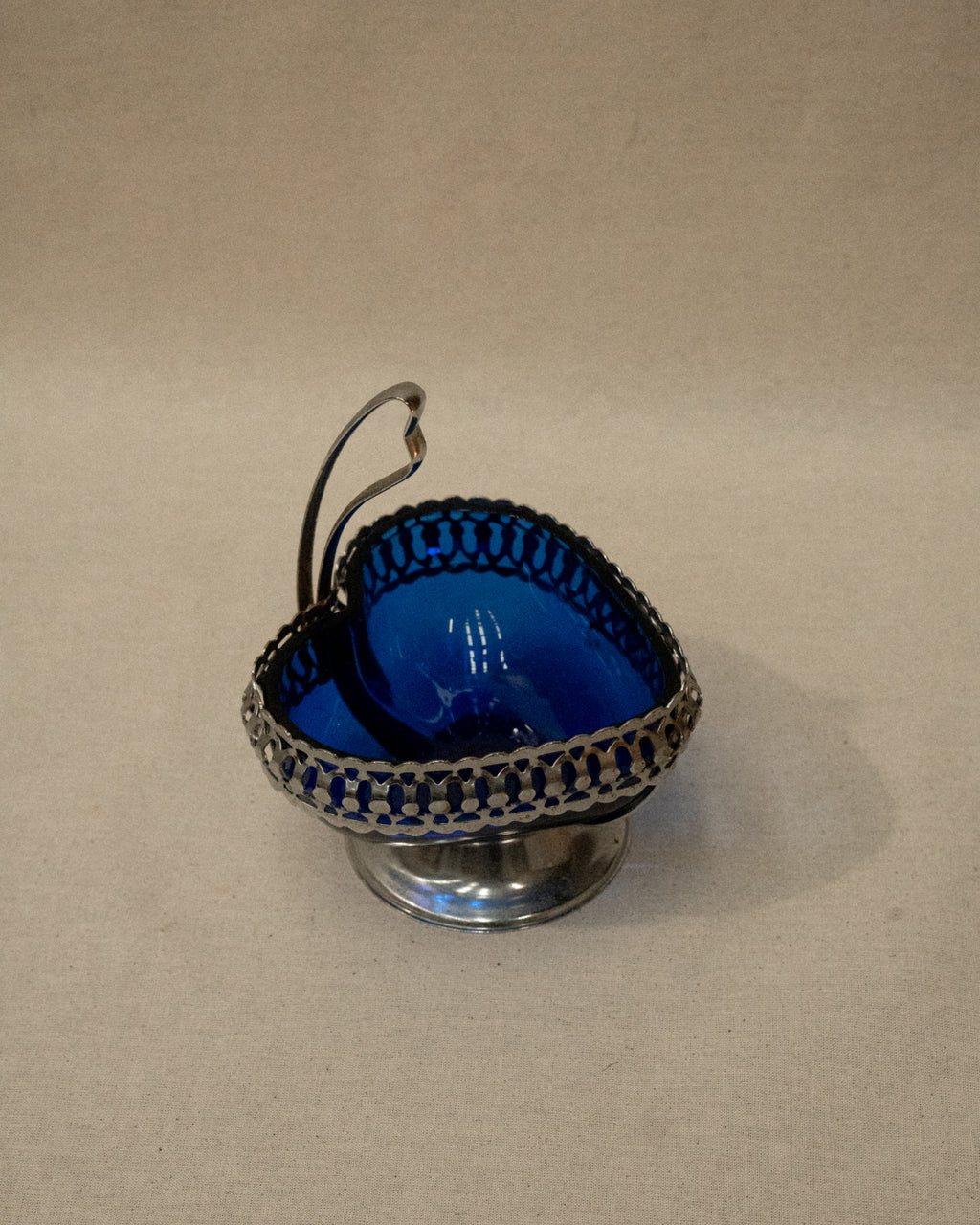 Silver plated heart shaped cobalt blue glass dish