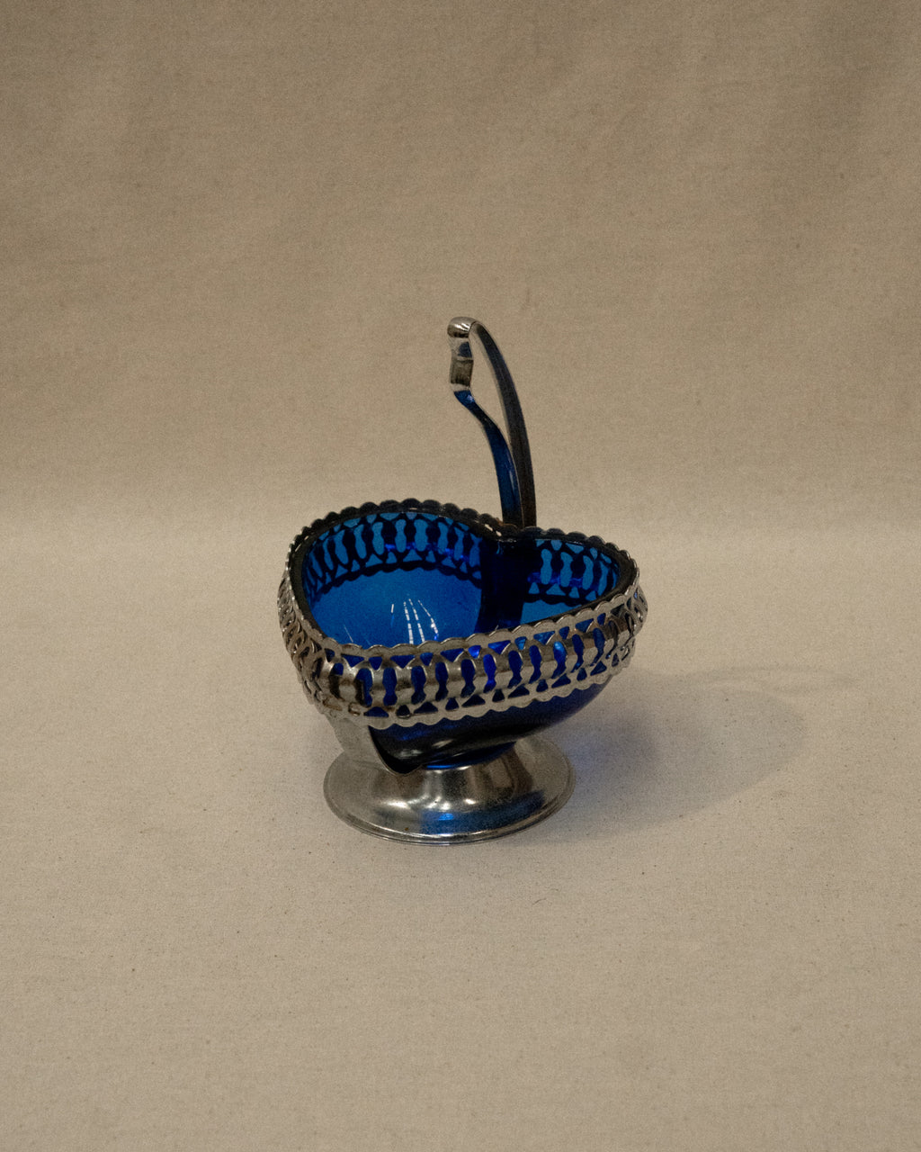 Silver plated heart shaped cobalt blue glass dish