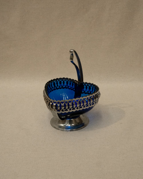 Silver plated heart shaped cobalt blue glass dish