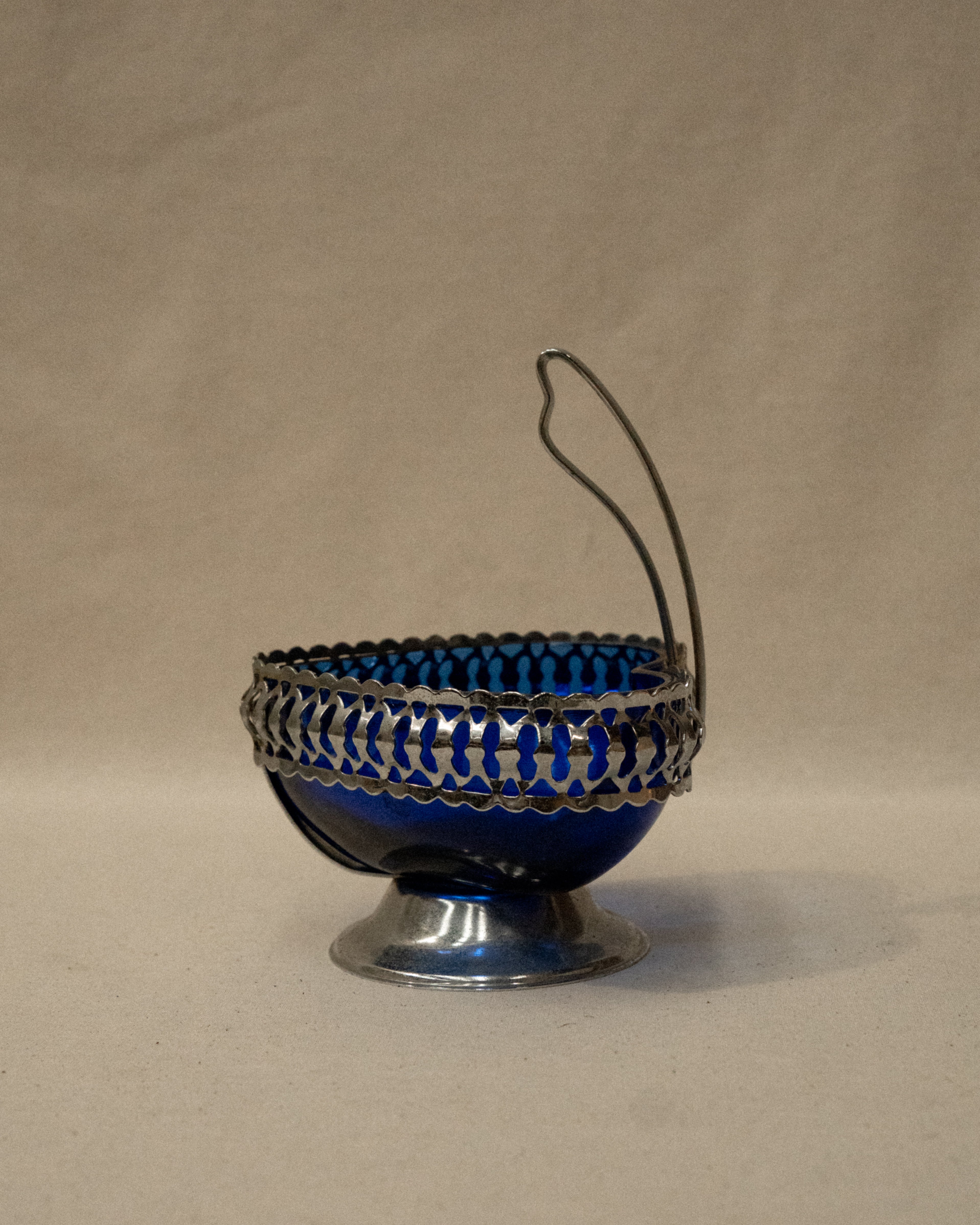 Silver plated heart shaped cobalt blue glass dish