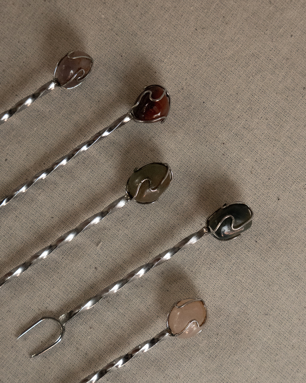 Set of 5 cocktail/appetizer forks with semi precious stones