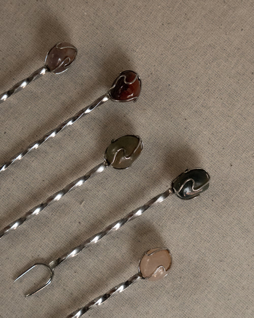 Set of 5 cocktail/appetizer forks with semi precious stones