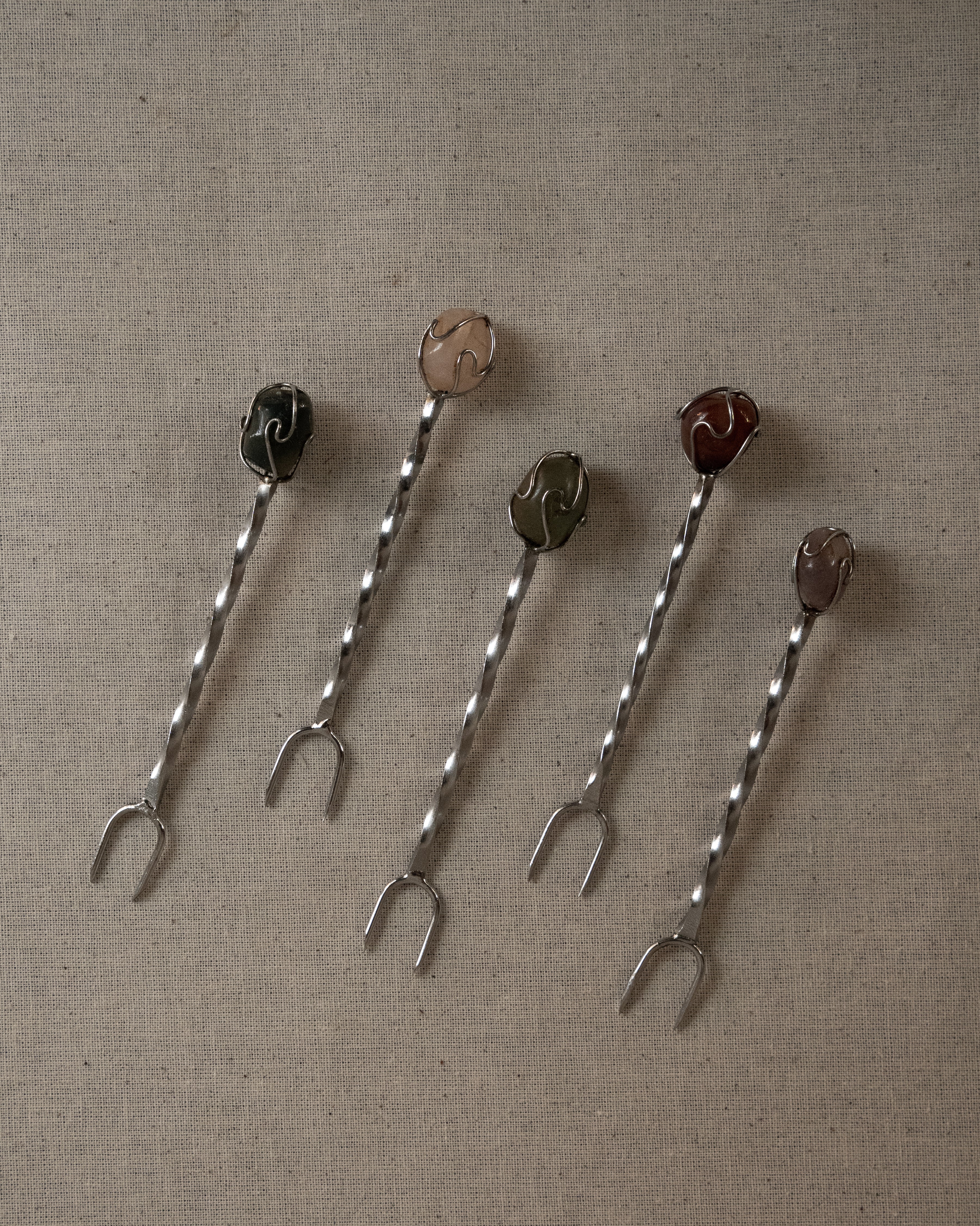 Set of 5 cocktail/appetizer forks with semi precious stones