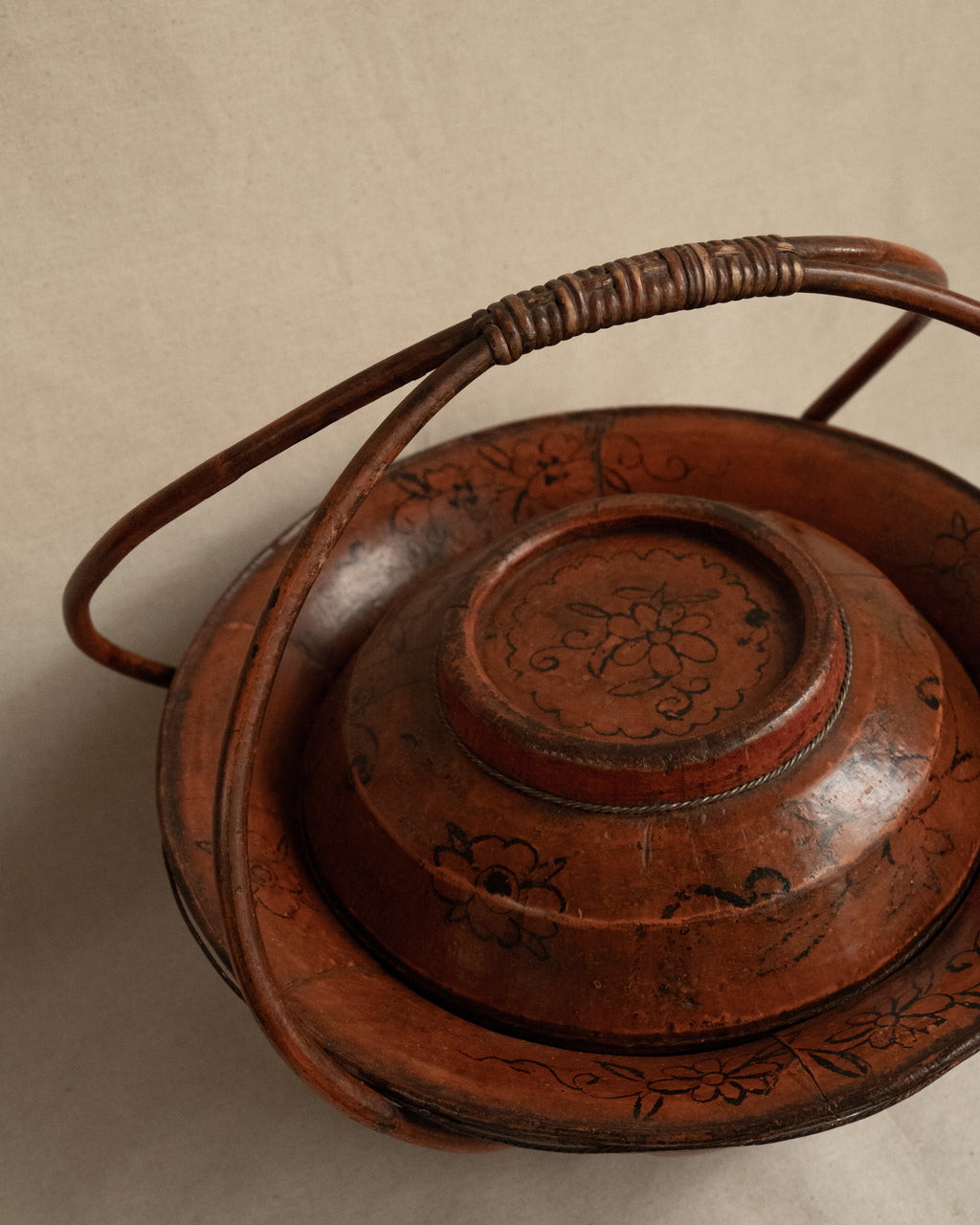 Chinese red-orange laquered wooden and bamboo wedding basket