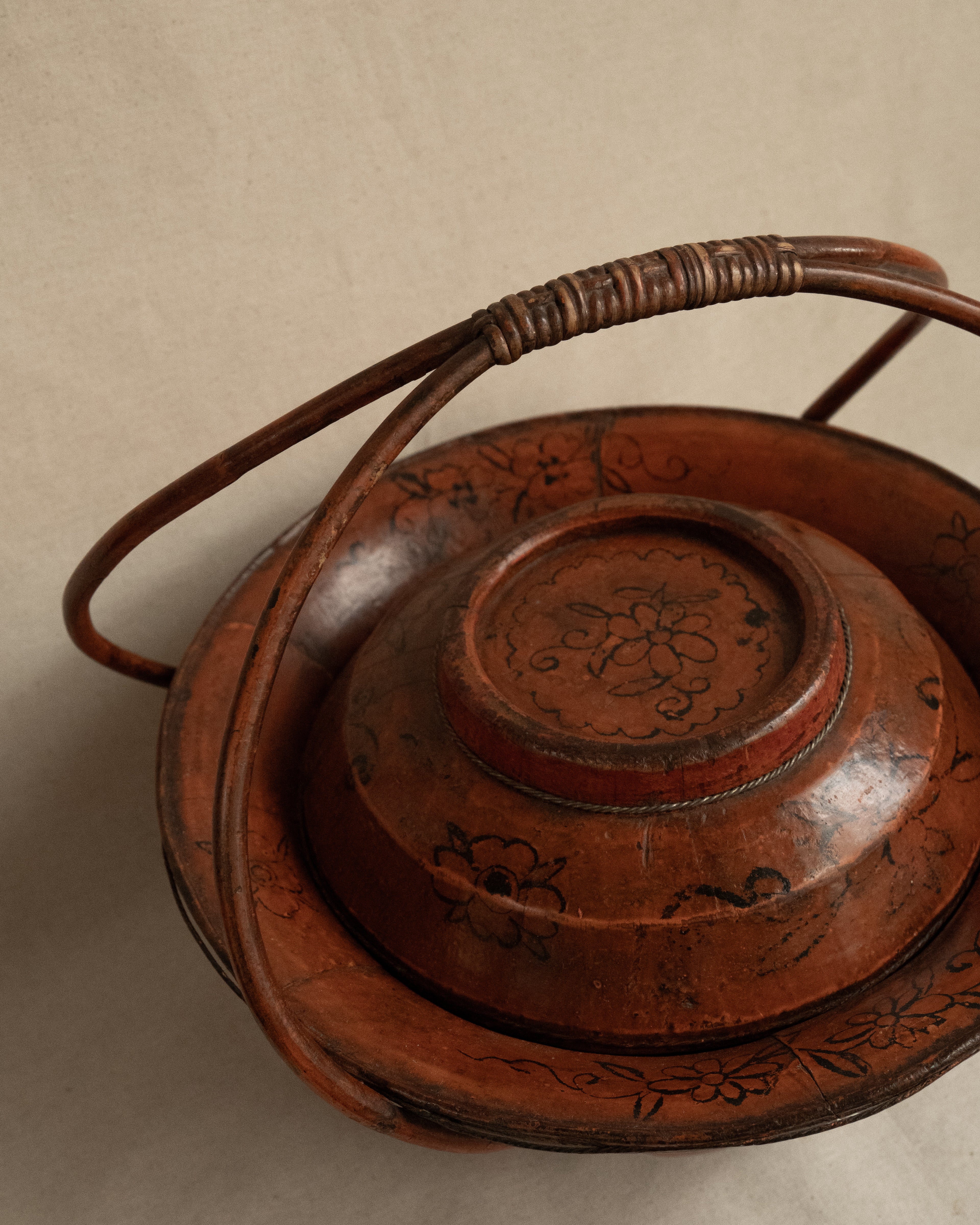 Chinese red-orange laquered wooden and bamboo wedding basket