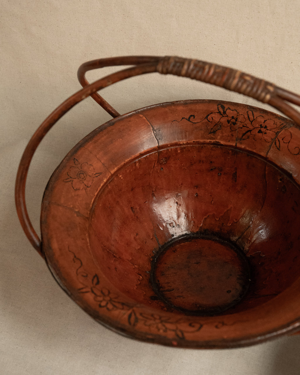 Chinese red-orange laquered wooden and bamboo wedding basket