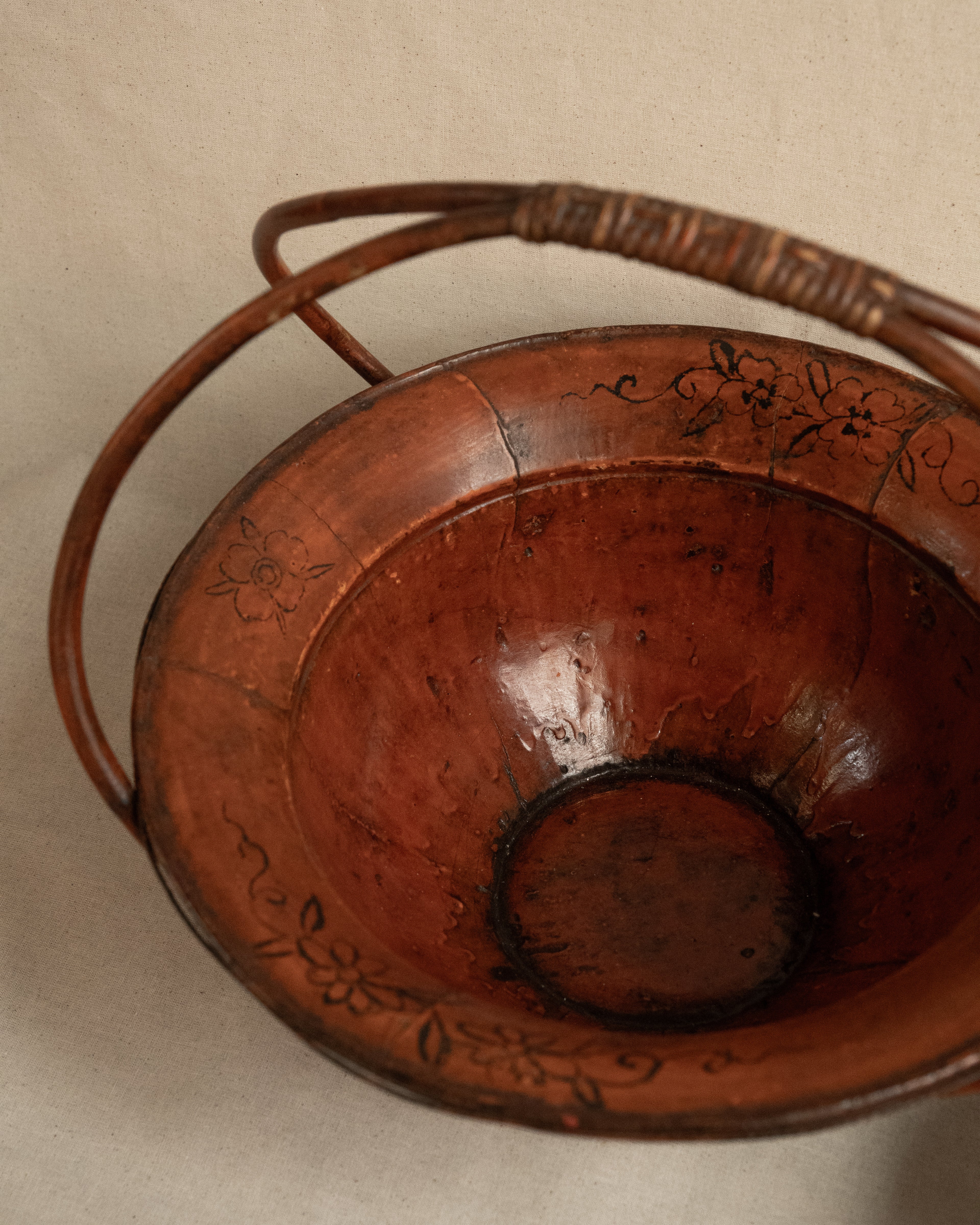 Chinese red-orange laquered wooden and bamboo wedding basket