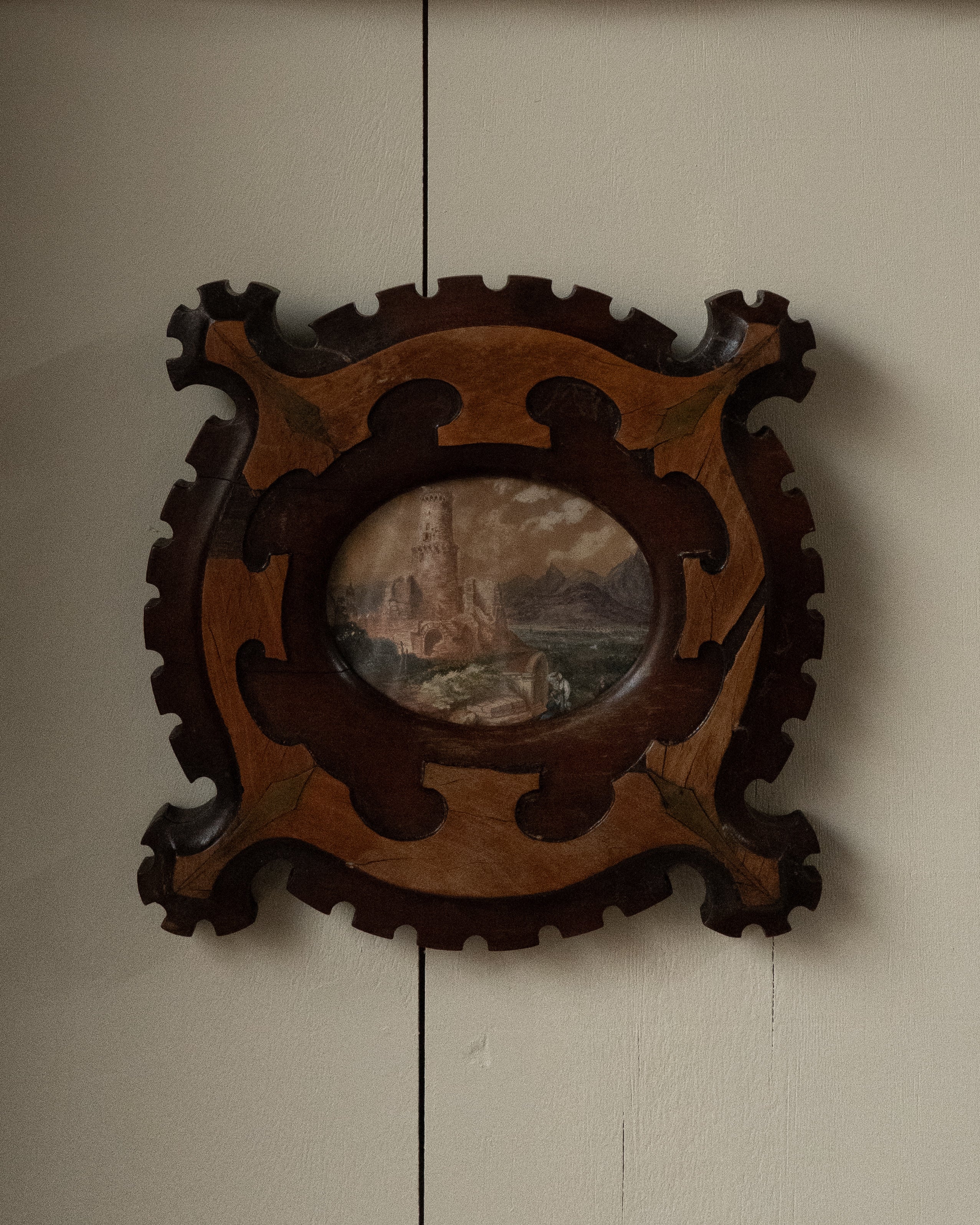 1900s victorian marquetry picture frame with watercolour artwork