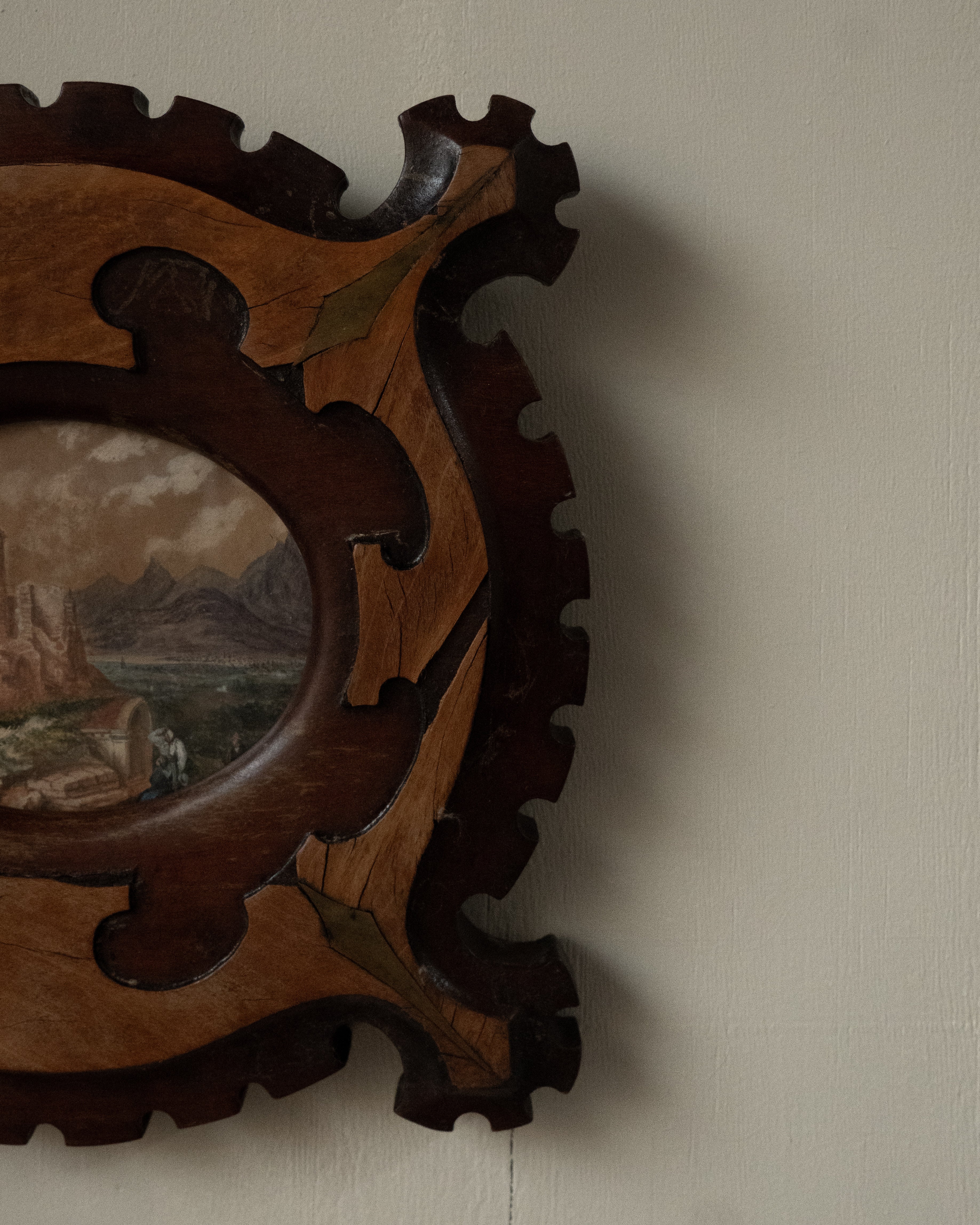 1900s victorian marquetry picture frame with watercolour artwork