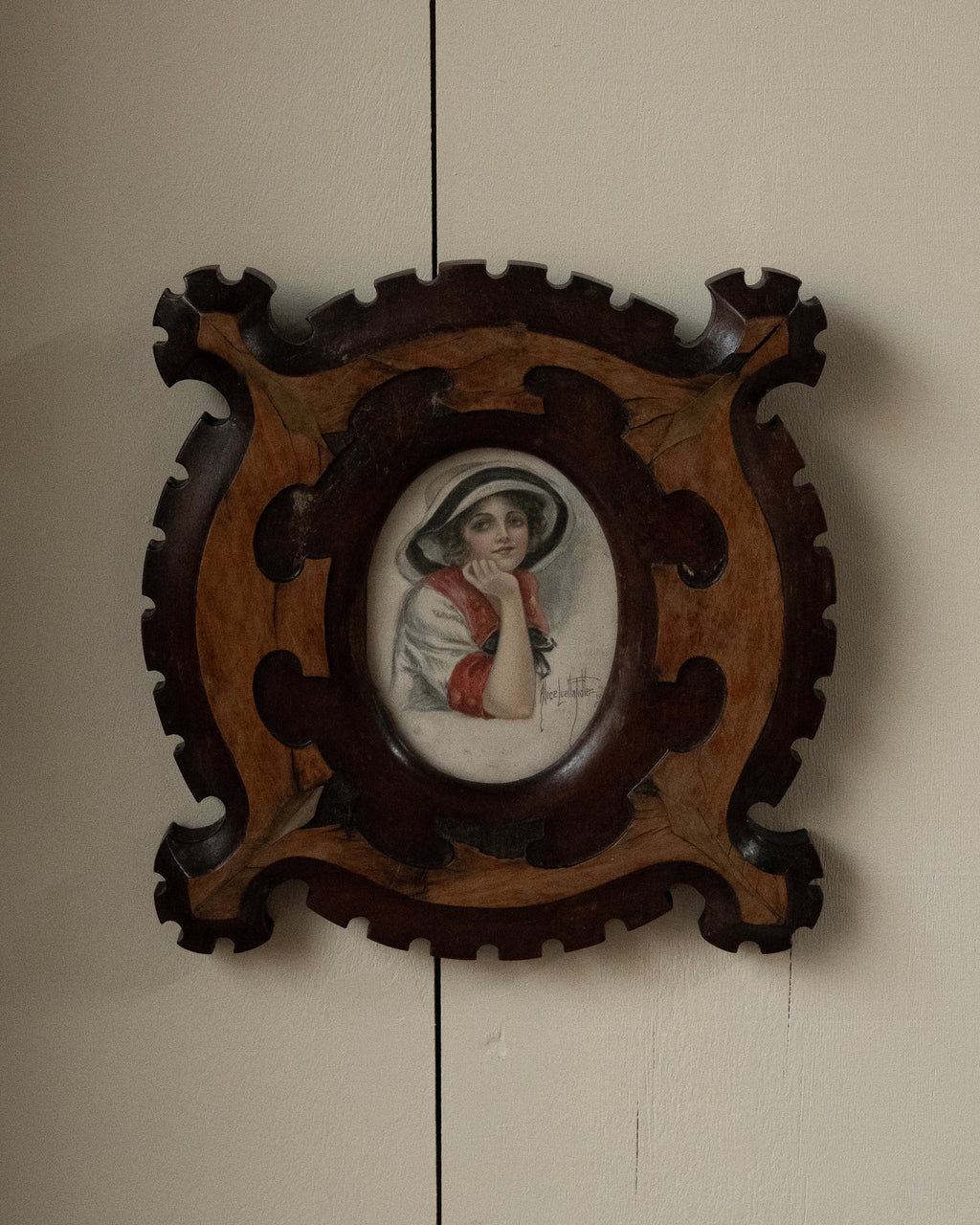 1900s victorian marquetry picture frame with portrait postcard