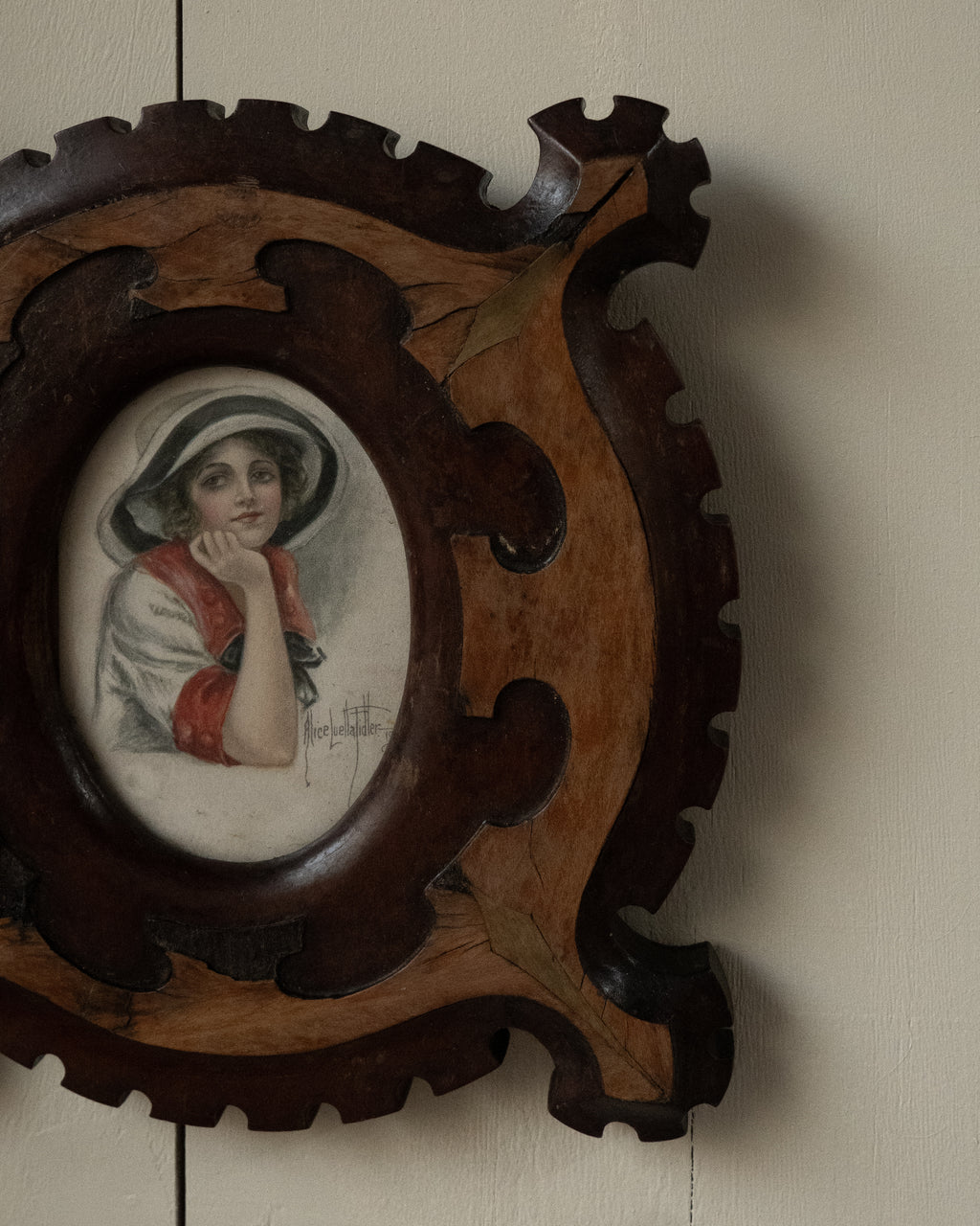 1900s victorian marquetry picture frame with portrait postcard