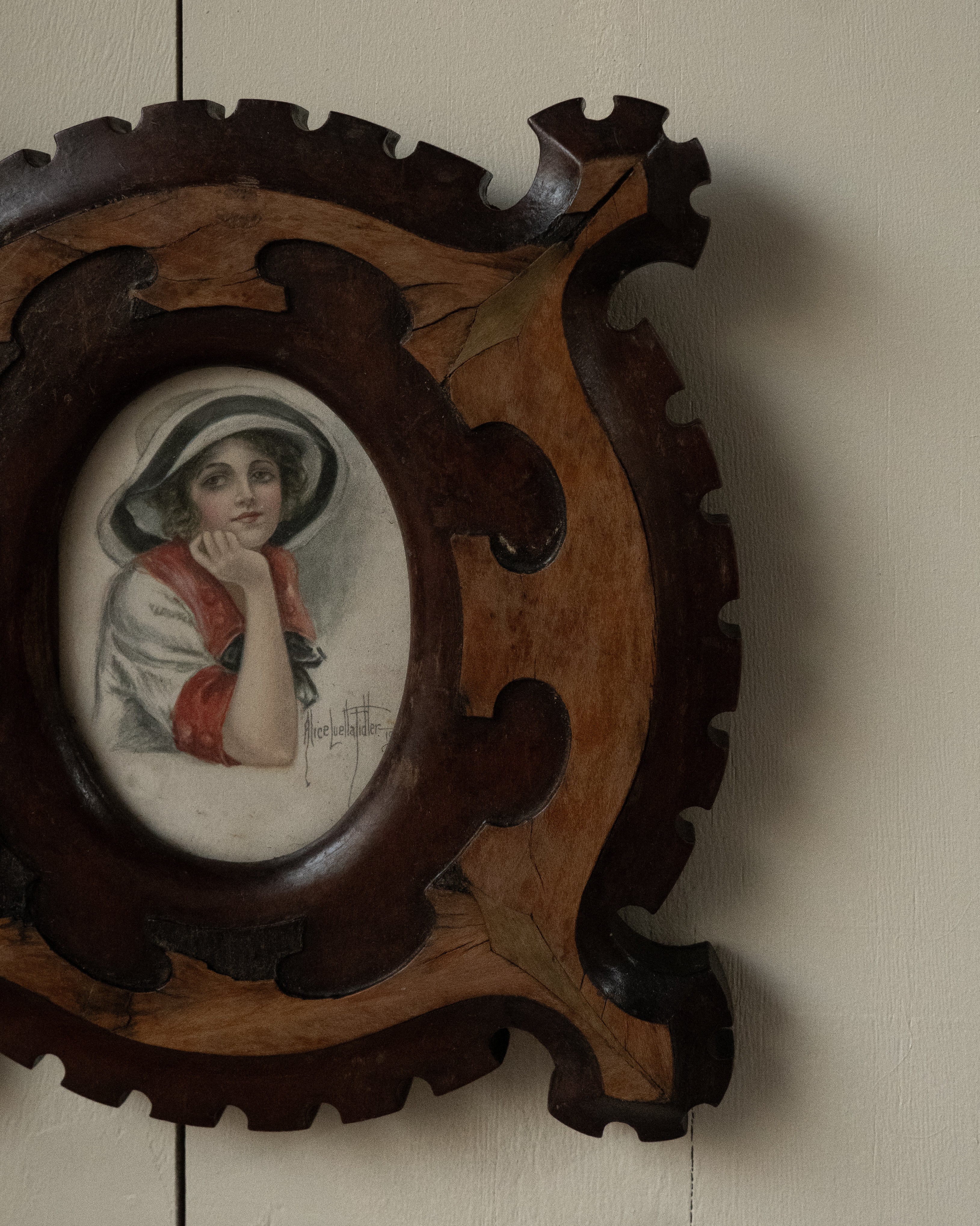 1900s victorian marquetry picture frame with portrait postcard