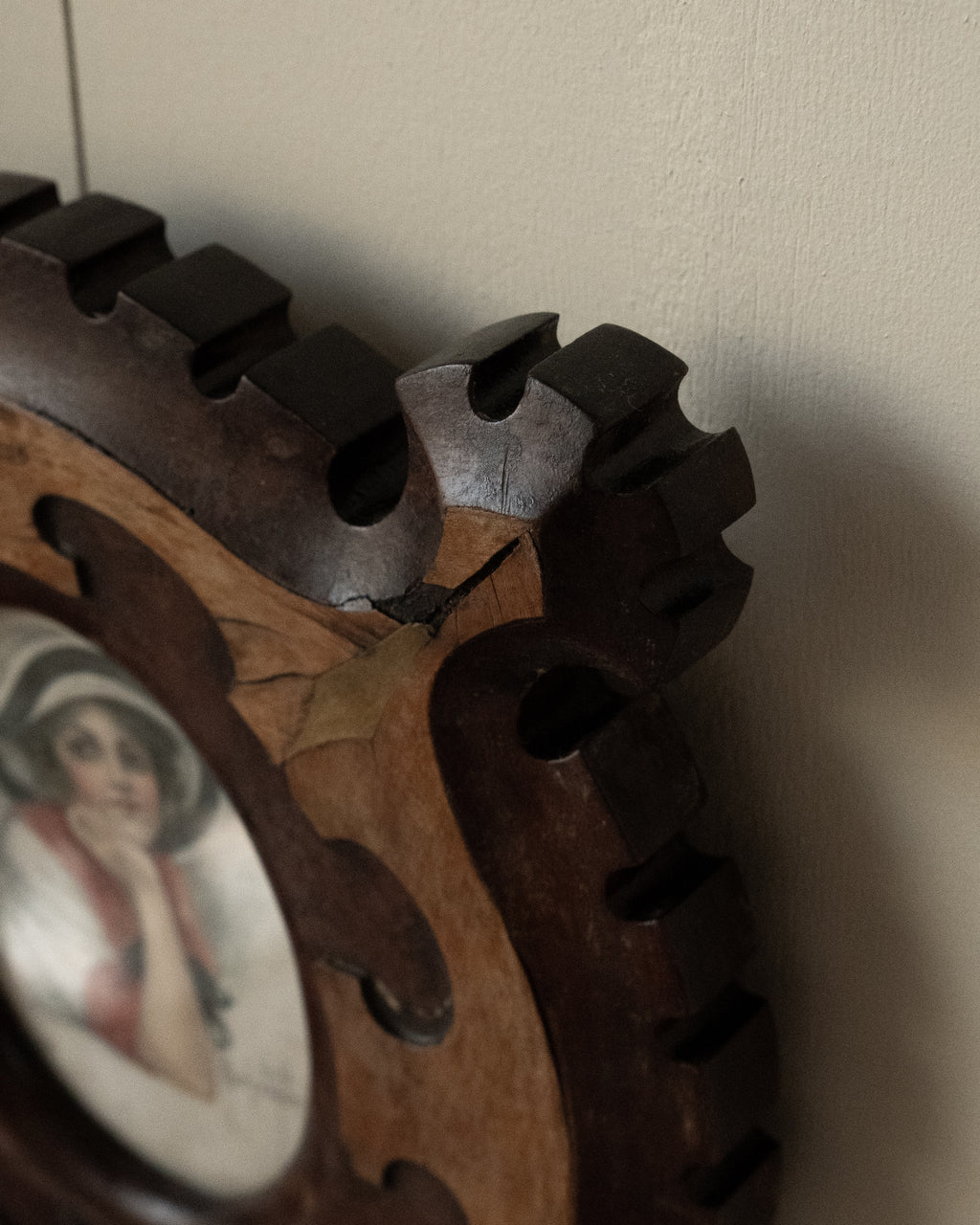 1900s victorian marquetry picture frame with portrait postcard