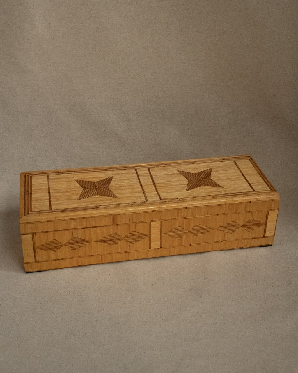 Tramp art matchstick box with sliding lid and red fabric lining