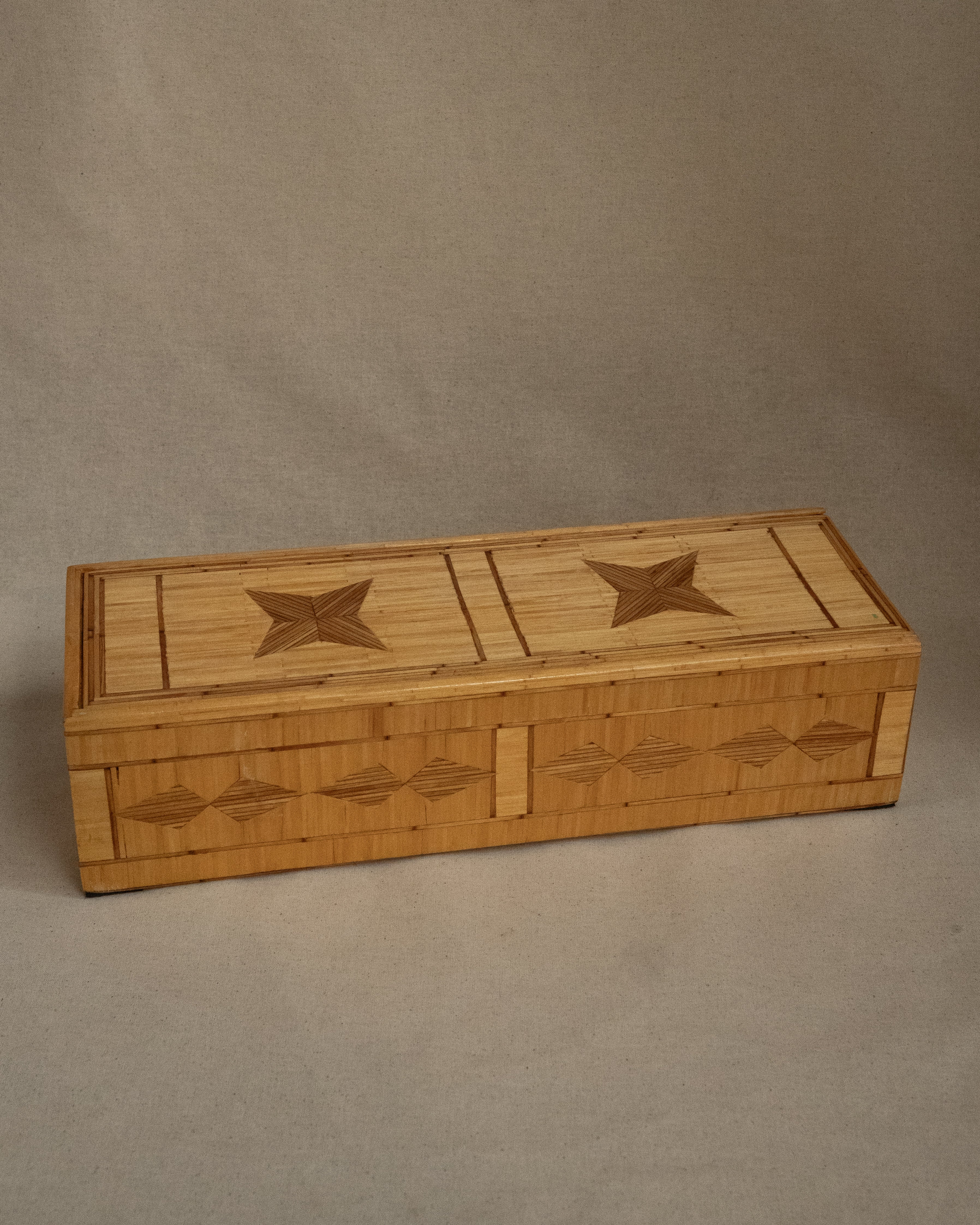 Tramp art matchstick box with sliding lid and red fabric lining