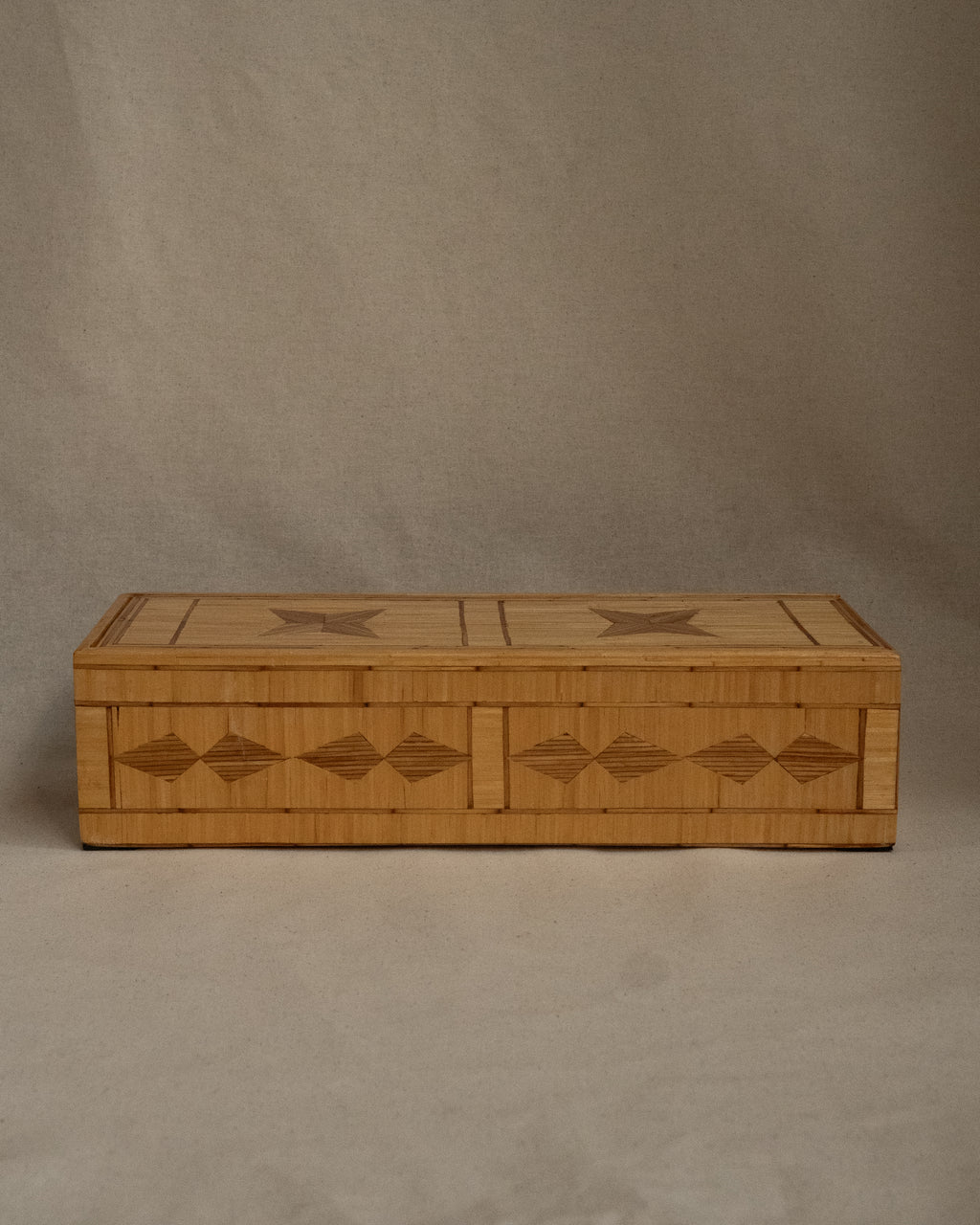 Tramp art matchstick box with sliding lid and red fabric lining
