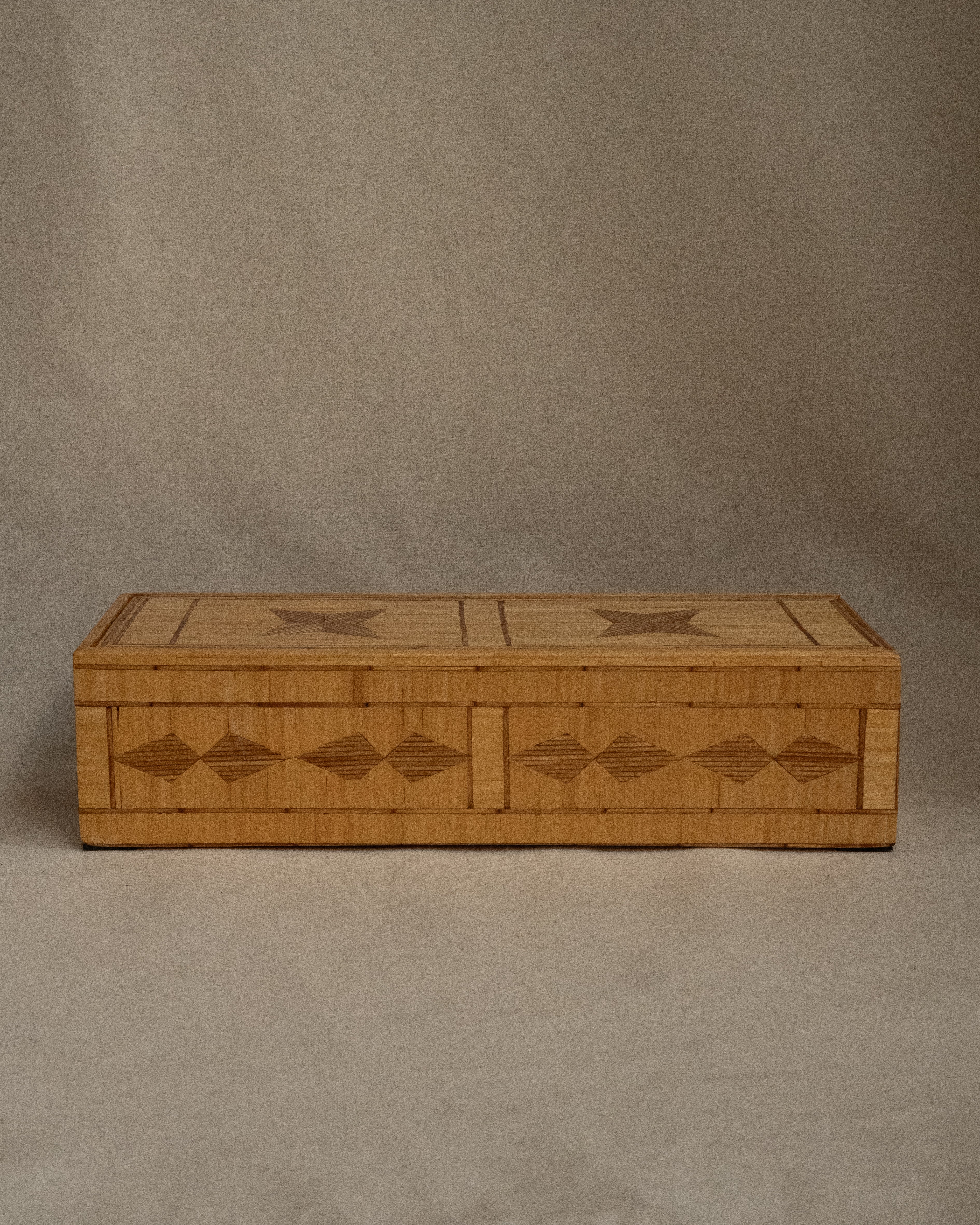 Tramp art matchstick box with sliding lid and red fabric lining