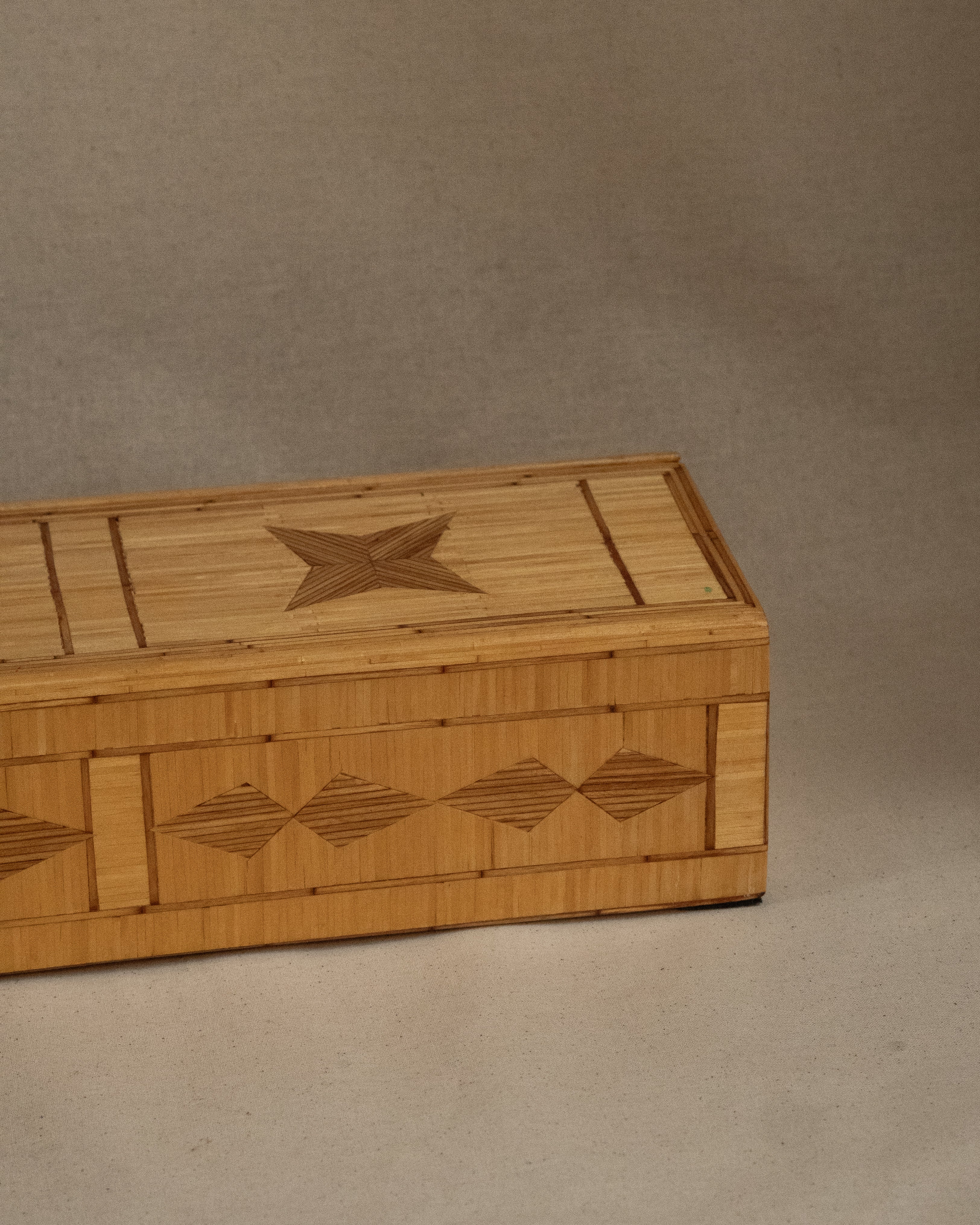 Tramp art matchstick box with sliding lid and red fabric lining
