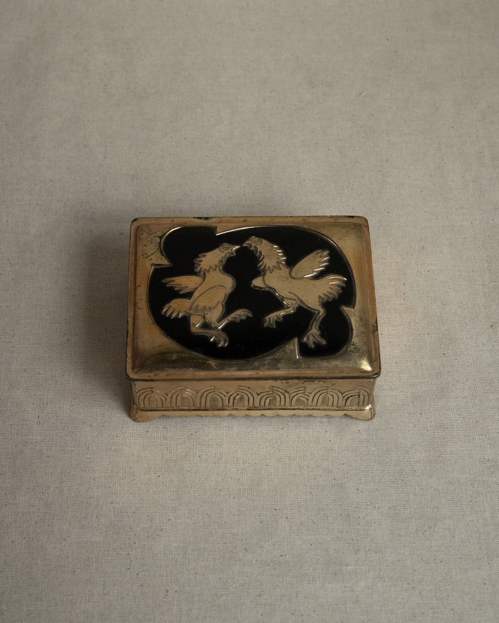 Brass trinket box with pair of roosters, Made in Japan