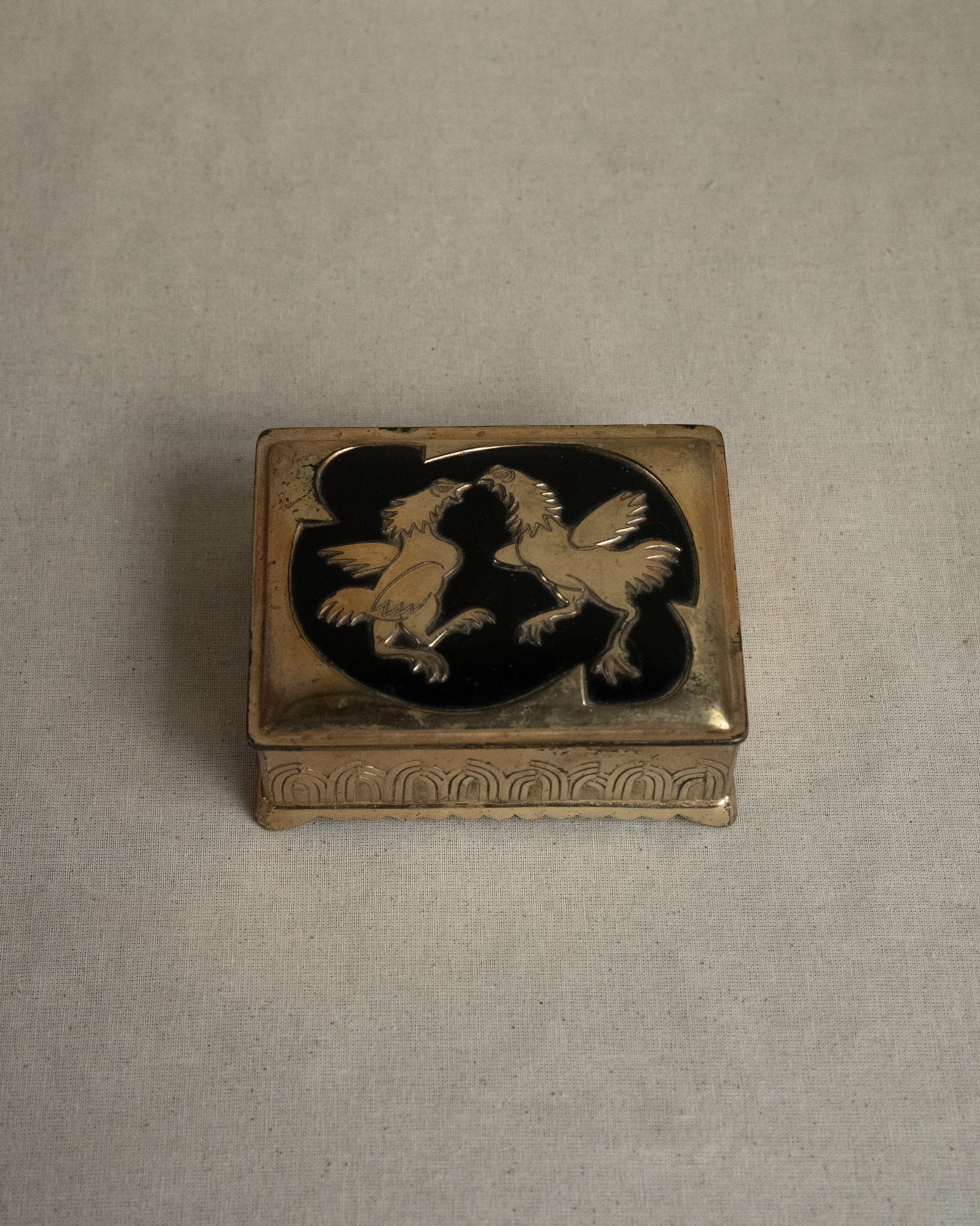 Brass trinket box with pair of roosters, Made in Japan