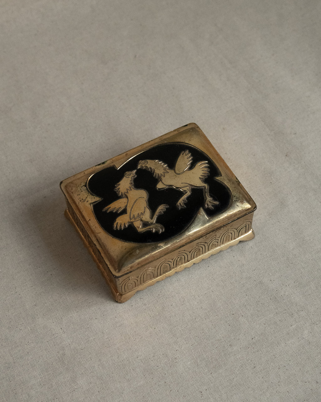 Brass trinket box with pair of roosters, Made in Japan
