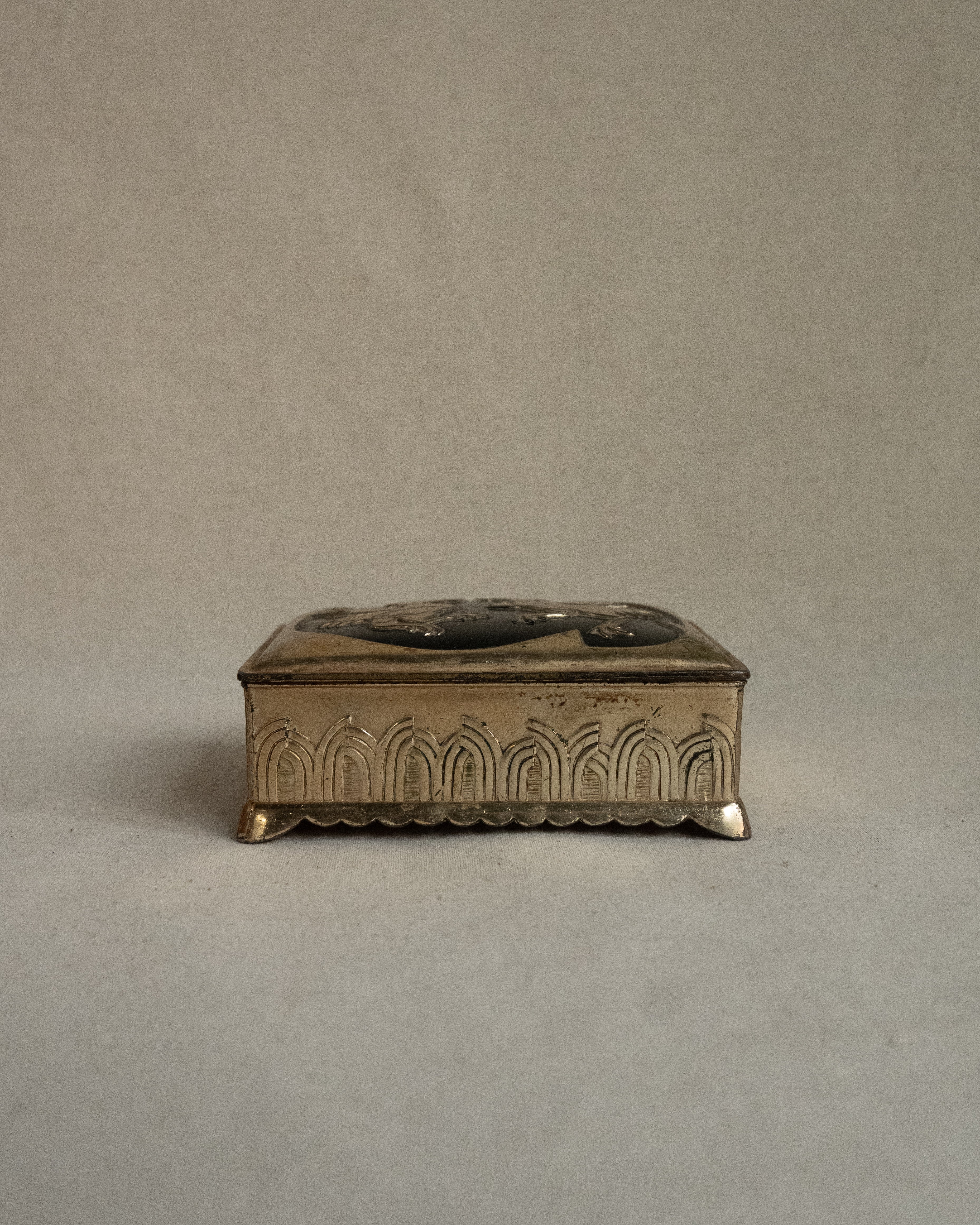 Brass trinket box with pair of roosters, Made in Japan