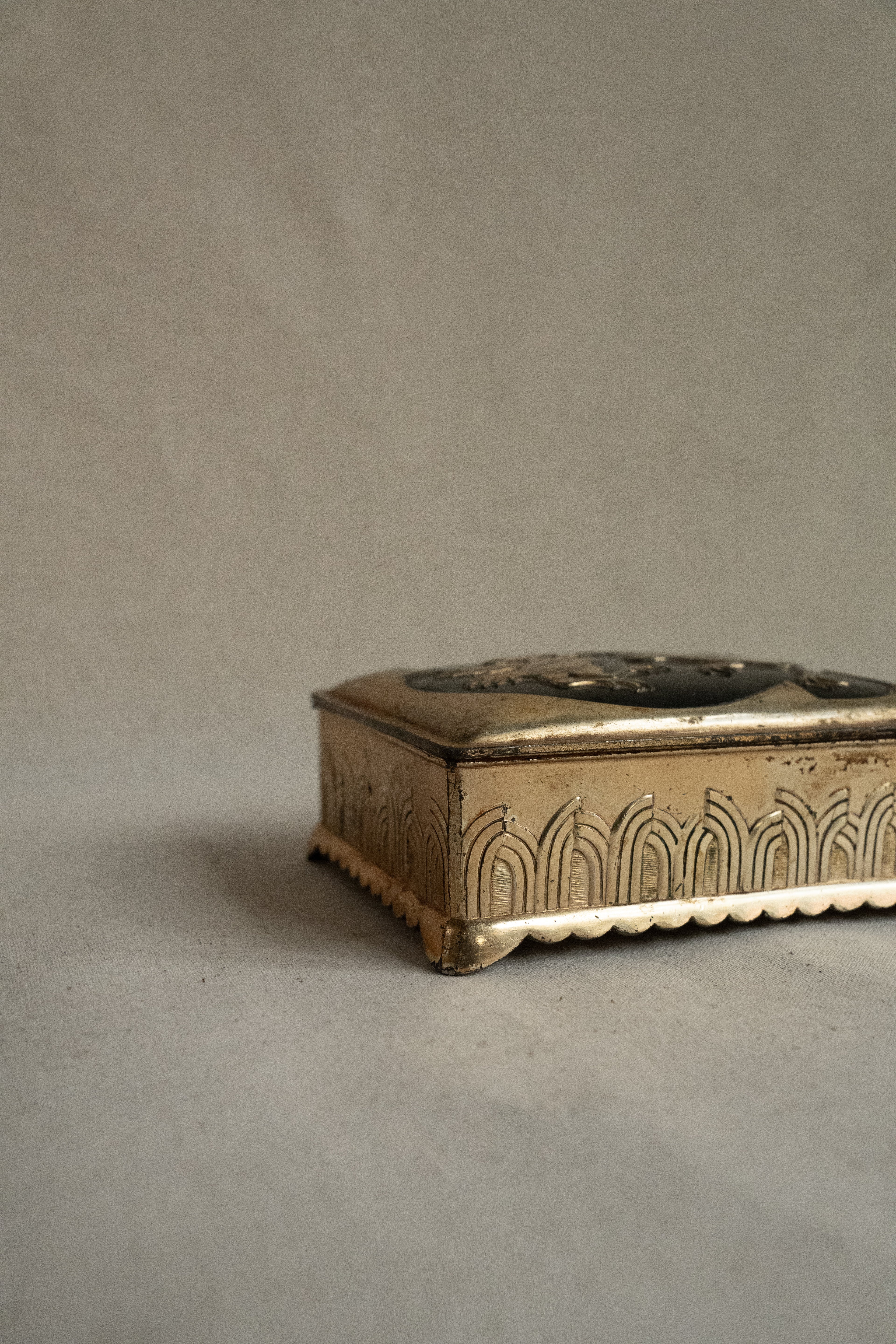 Brass trinket box with pair of roosters, Made in Japan