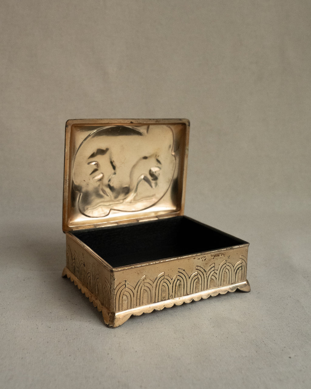 Brass trinket box with pair of roosters, Made in Japan