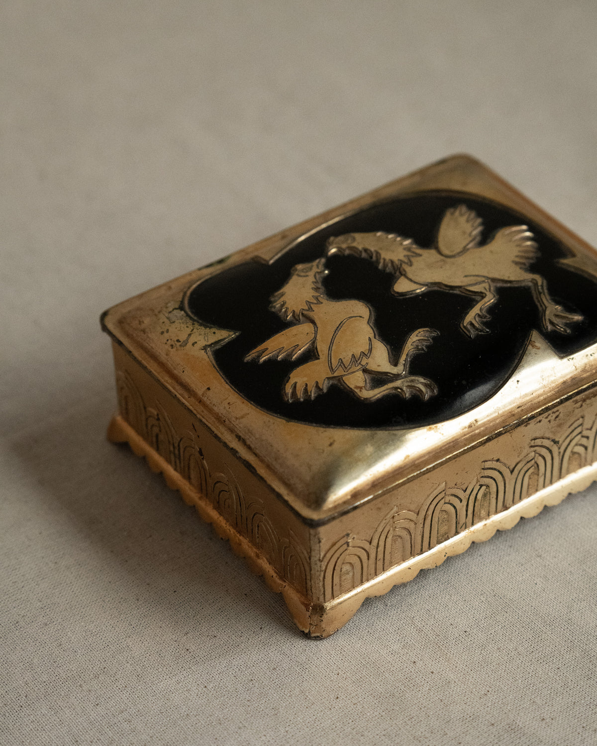 Brass trinket box with pair of roosters, Made in Japan