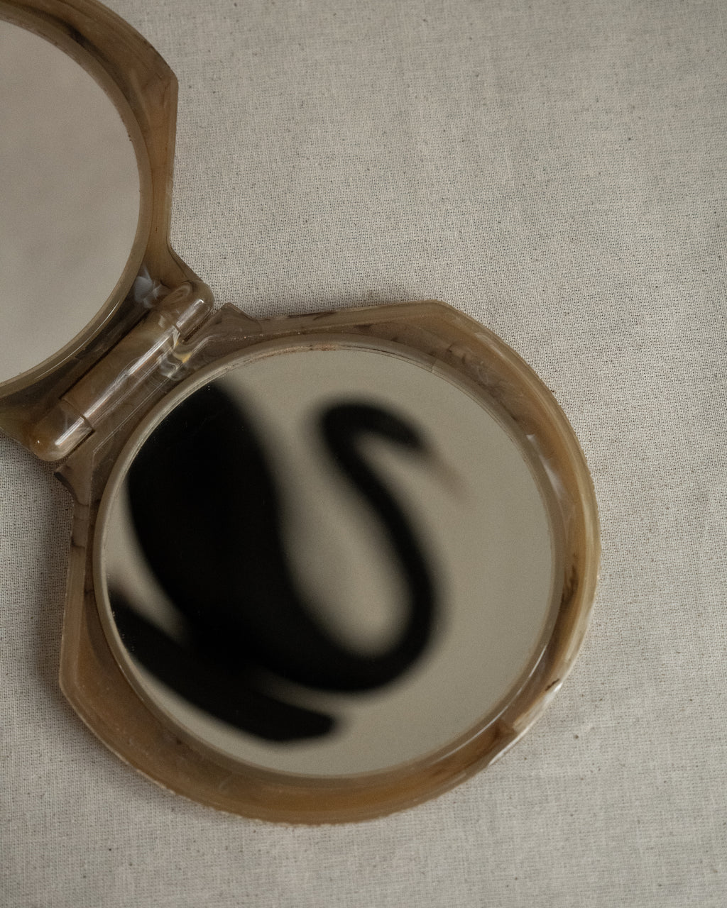 Foldable dual-sided celluloid shell mirror, Made in Japan